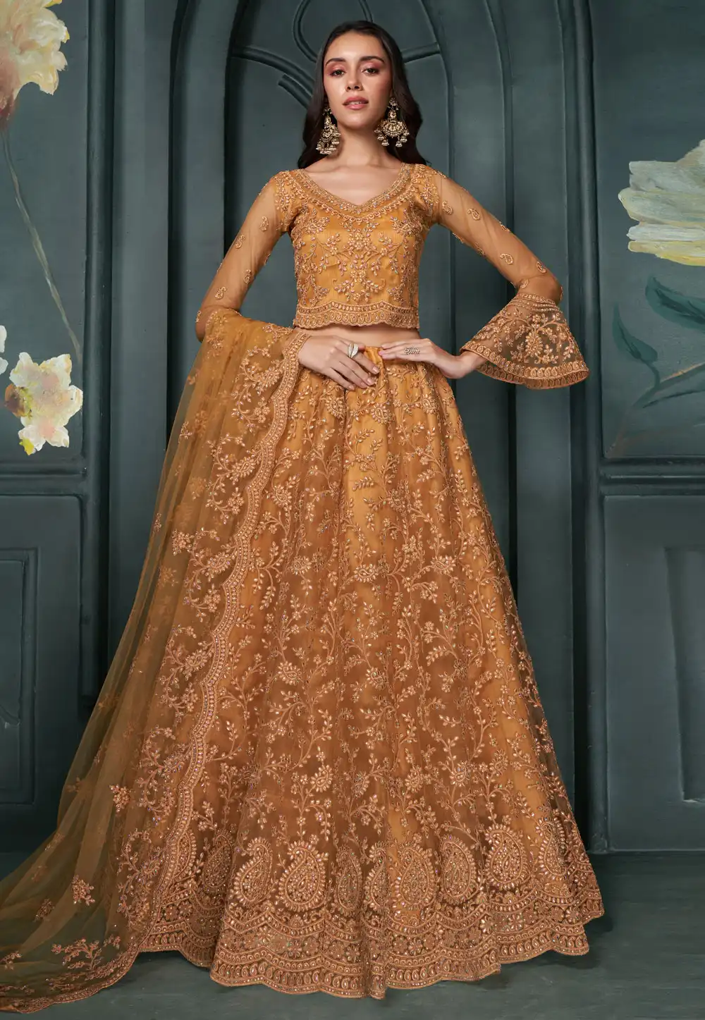 Mustard Net Circular Lehenga Choli 293124