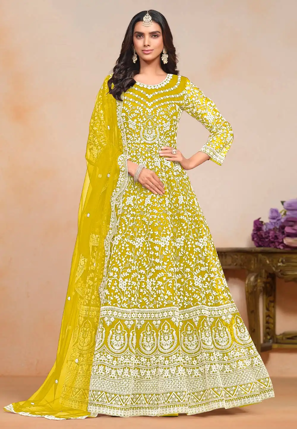 Mustard Net Embroidered Anarkali Suit 295082