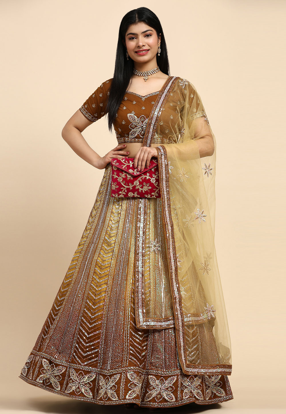 Mustard Net Readymade A Line Lehenga Choli 287068