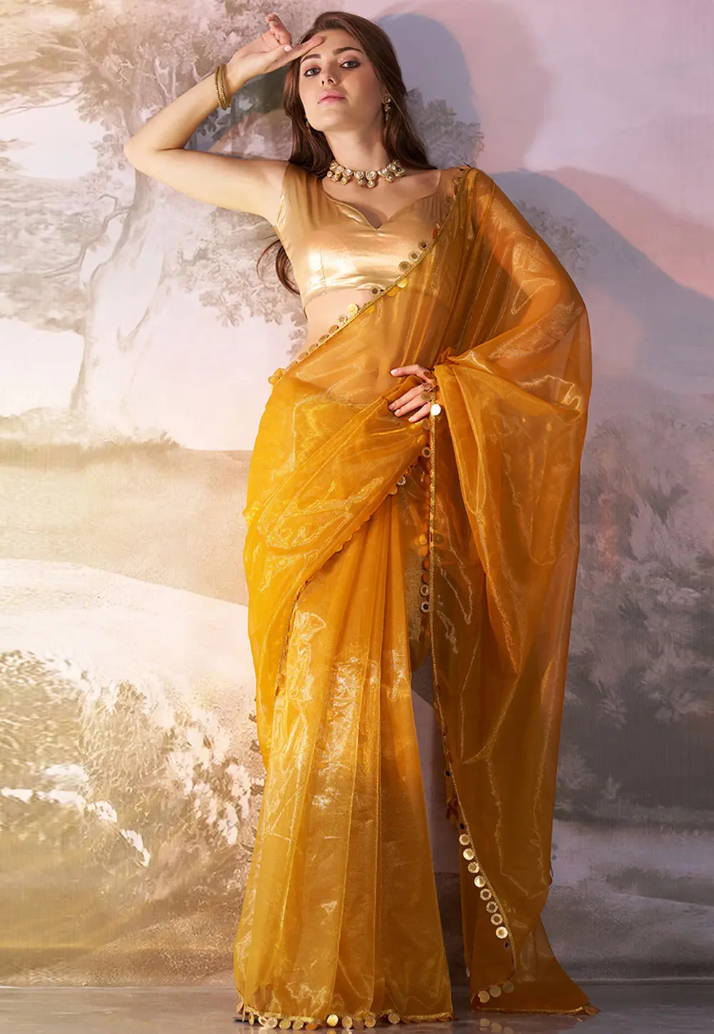 Mustard Net Saree With Blouse 304537