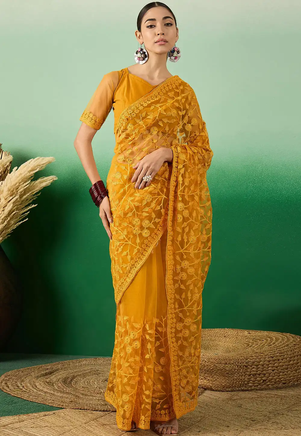 Mustard Net Saree With Blouse 289759