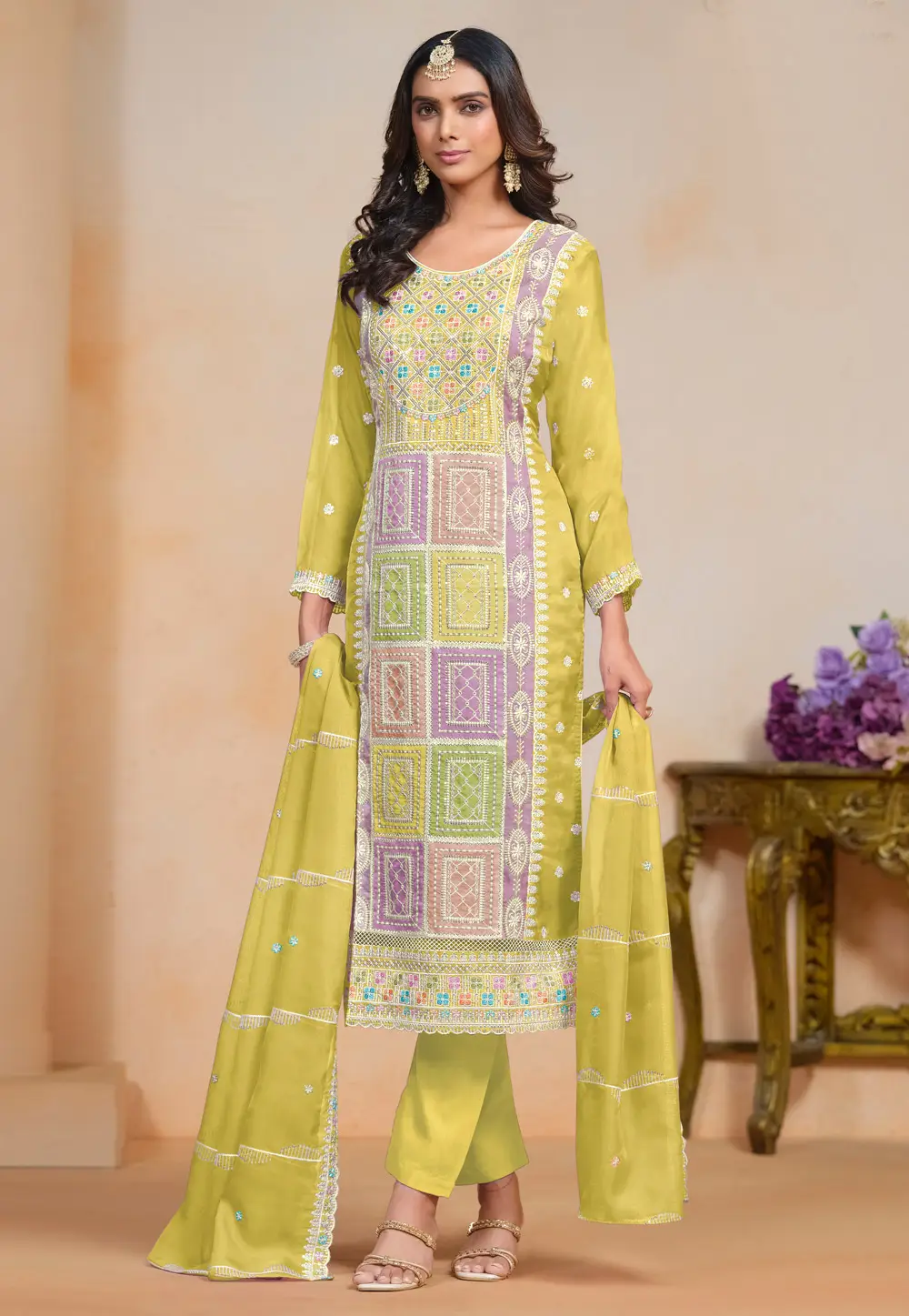 Mustard Organza Embroidered Straight Suit 296157