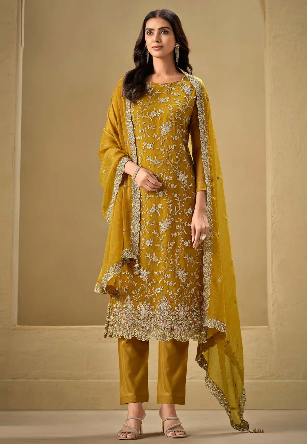 Mustard Organza Embroidered Straight Suit 297789