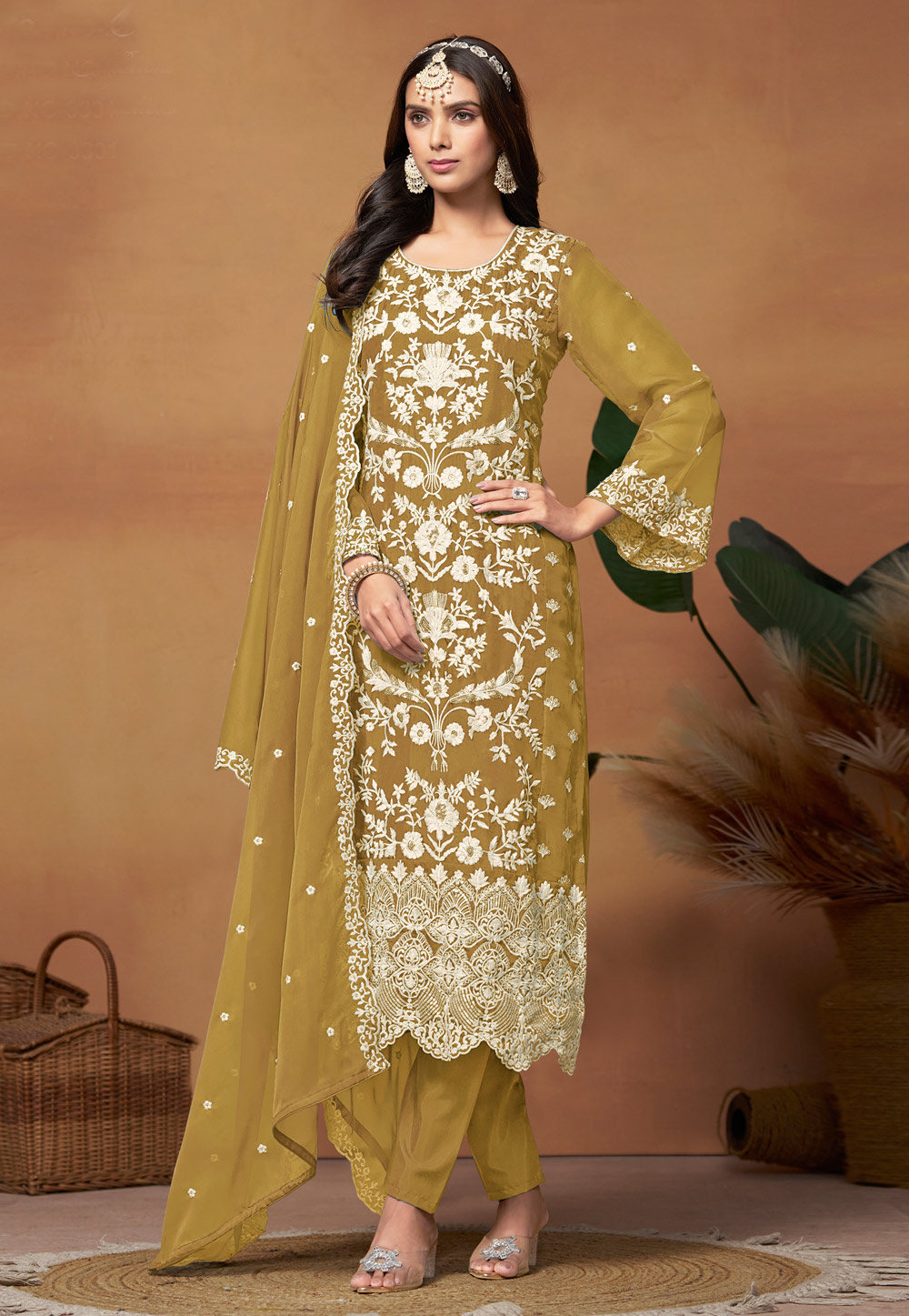 Mustard Organza Embroidered Straight Suit 287104