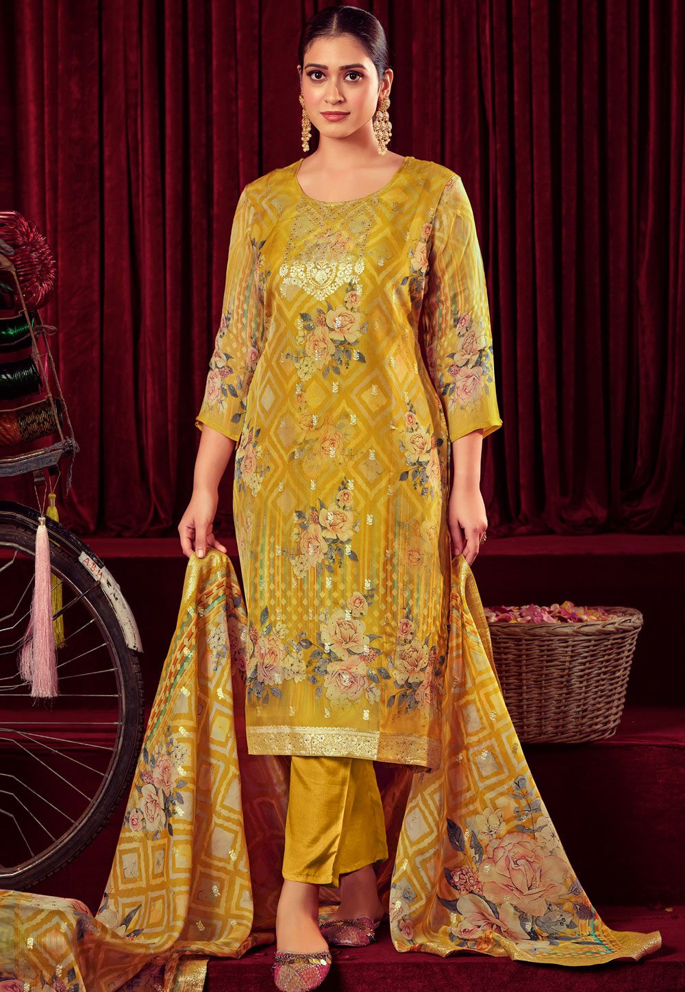 Mustard Organza Pant Style Suit 309928