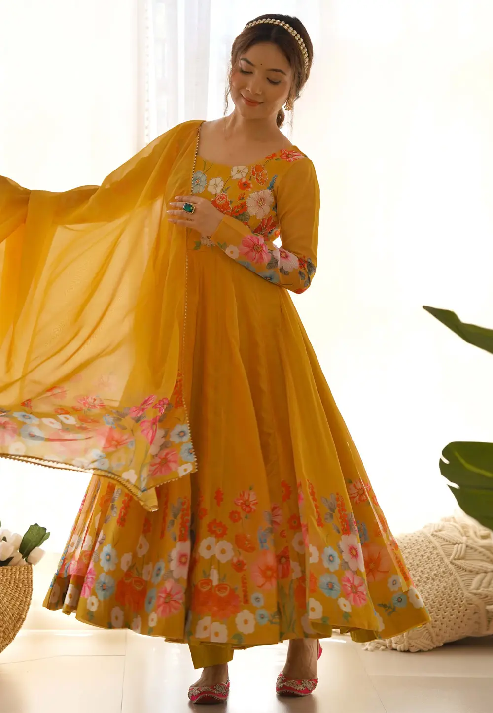 Mustard Organza Readymade Anarkali Suit 295400