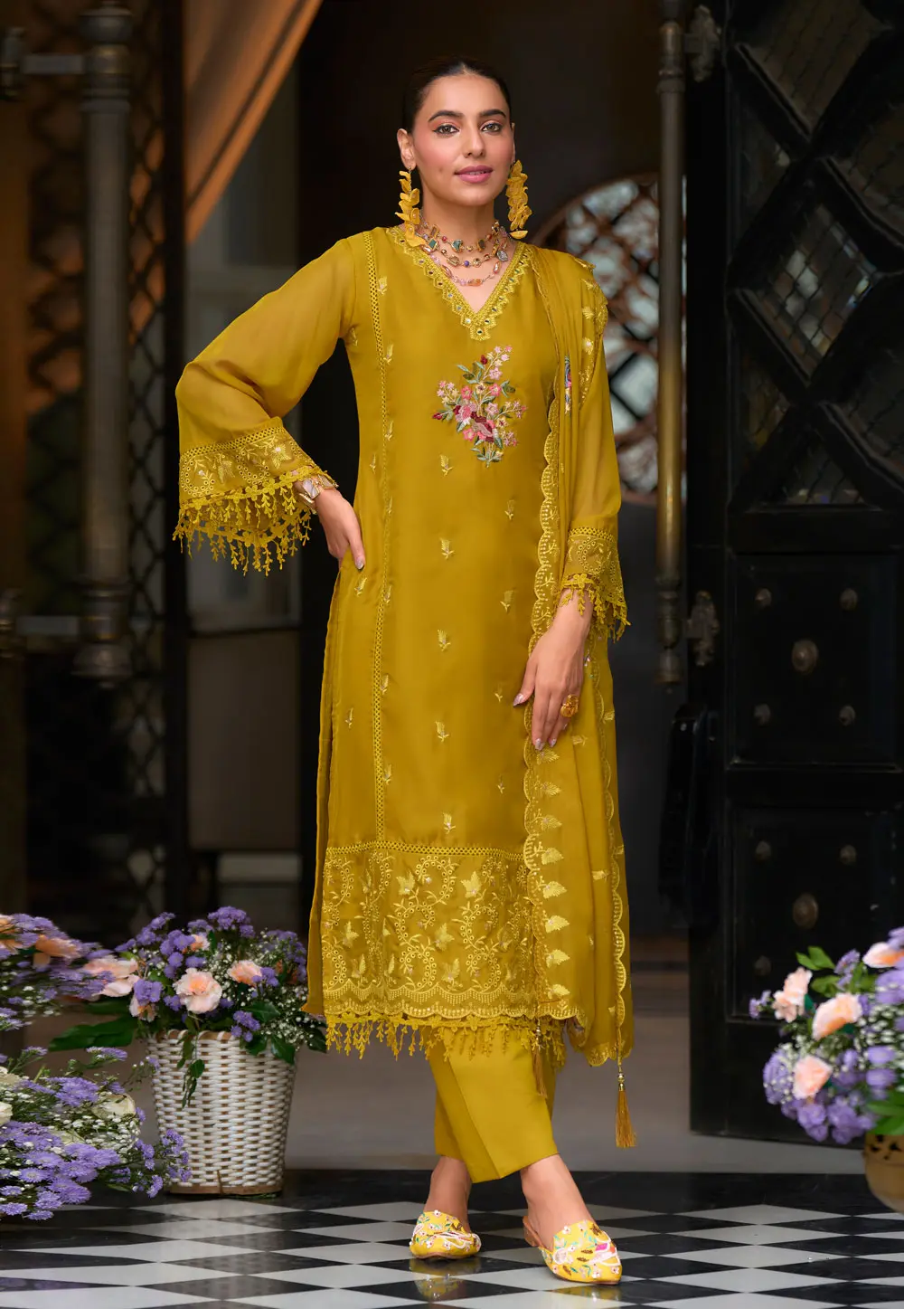 Mustard Organza Readymade Pant Style Suit 304428