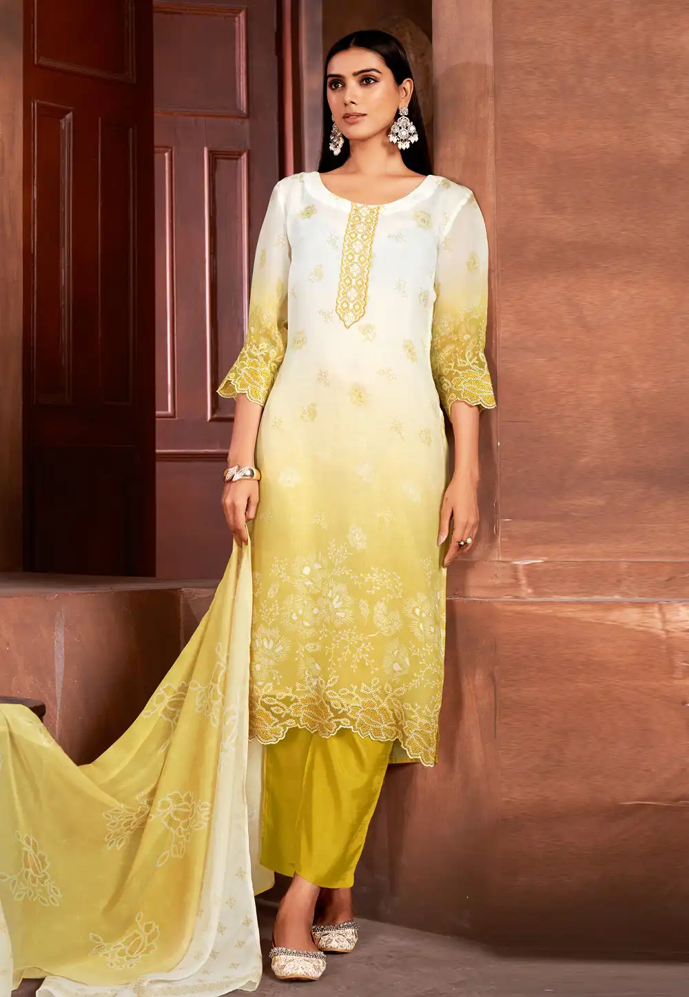 Mustard Organza Readymade Pant Style Suit 288392