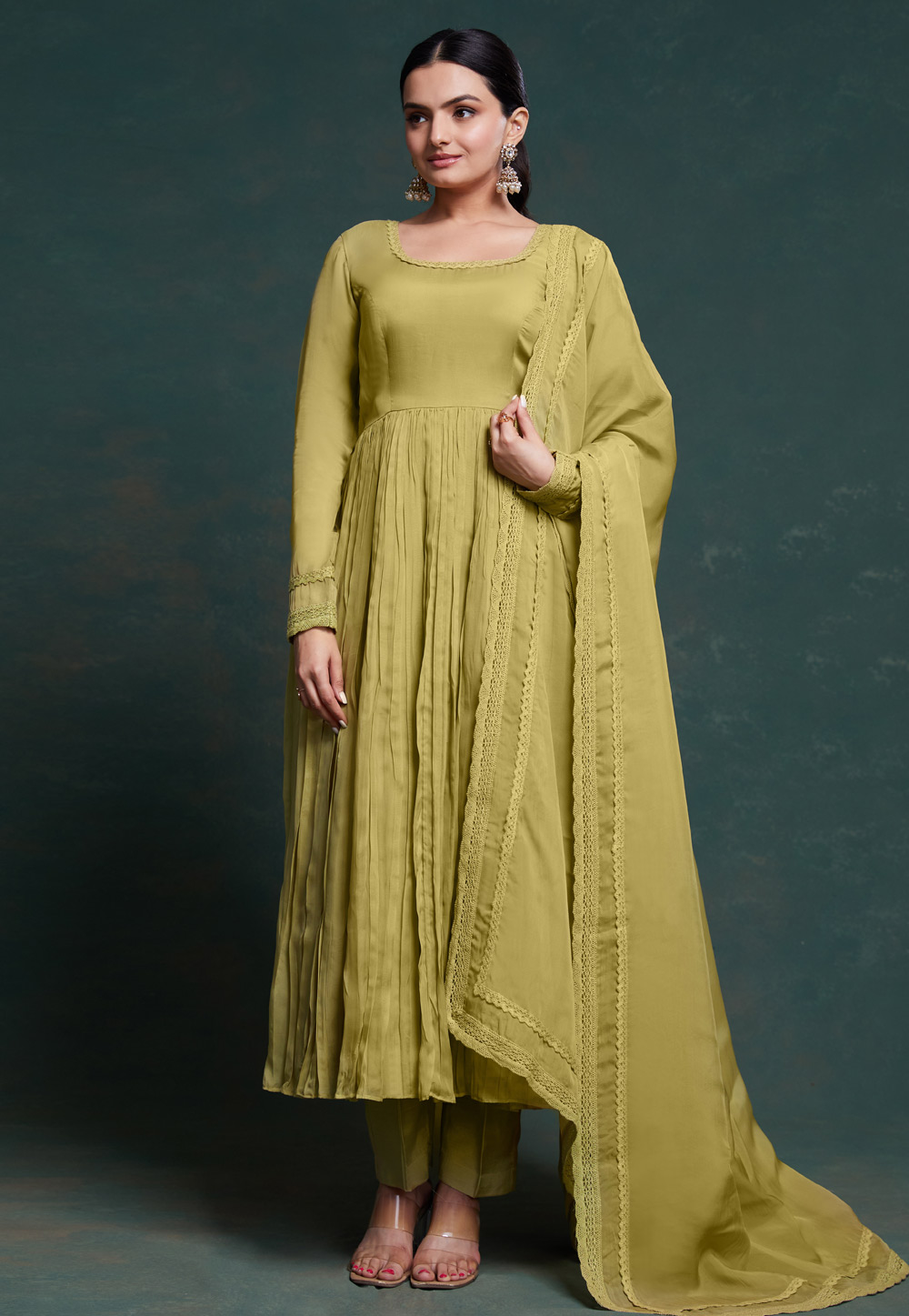Mustard Organza Readymade Pant Style Suit 287403
