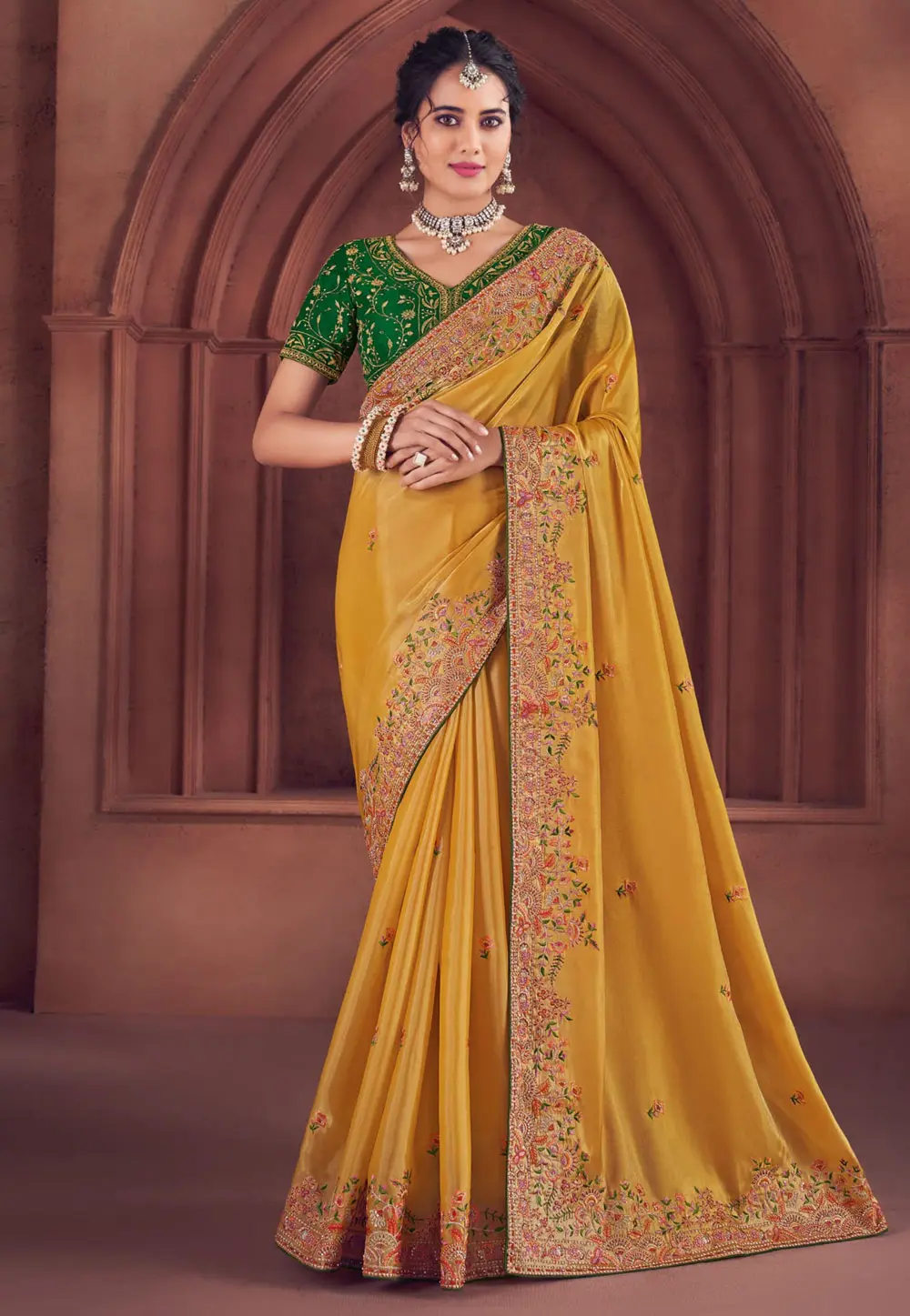 Mustard Organza Saree With Blouse 301755