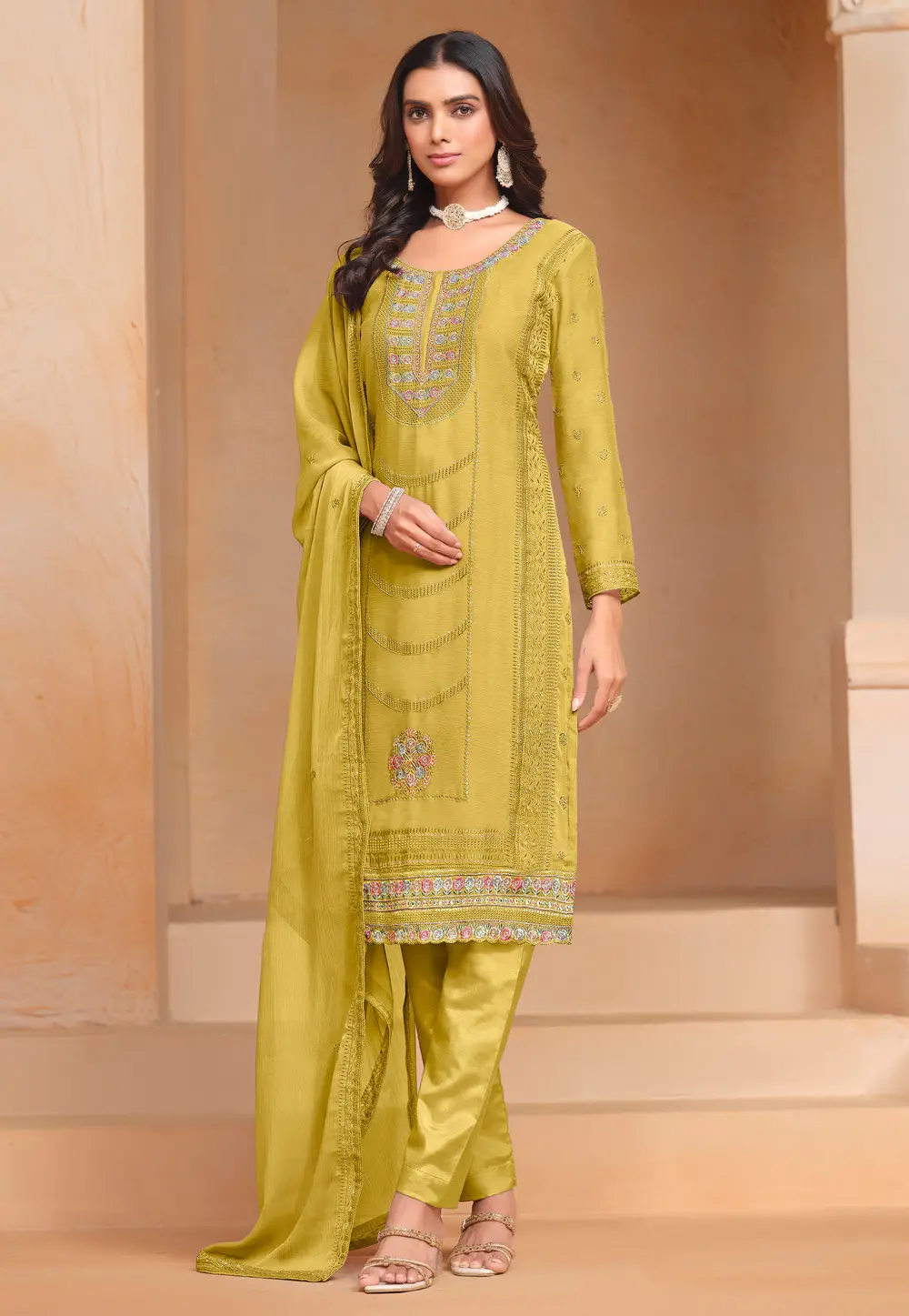 Mustard Organza Straight Suit 295396