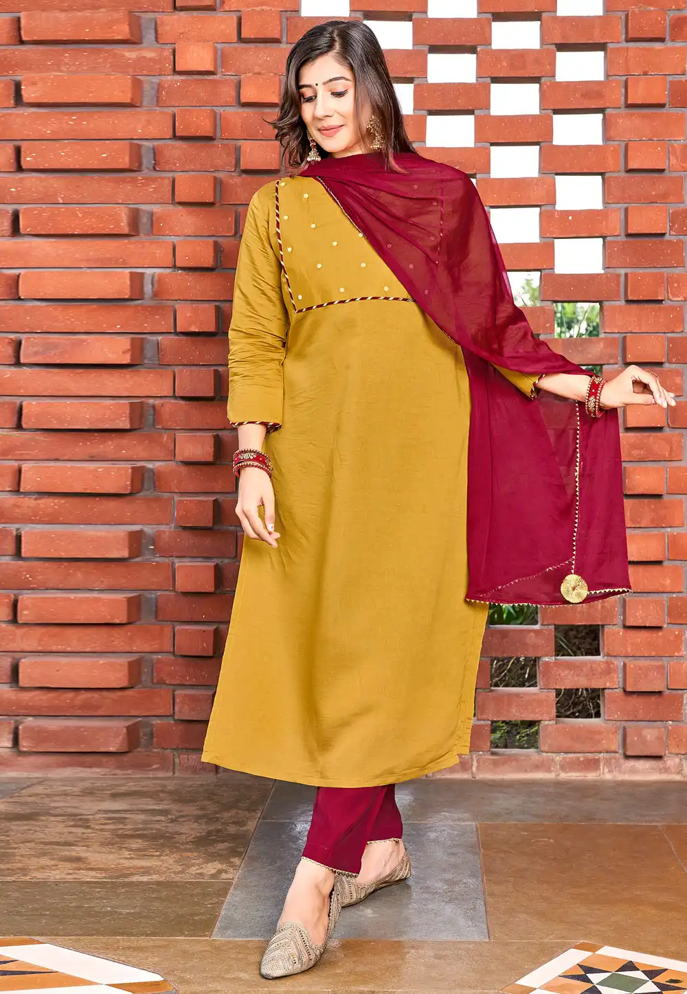 Mustard Polyester Readymade Pakistani Suit 288372