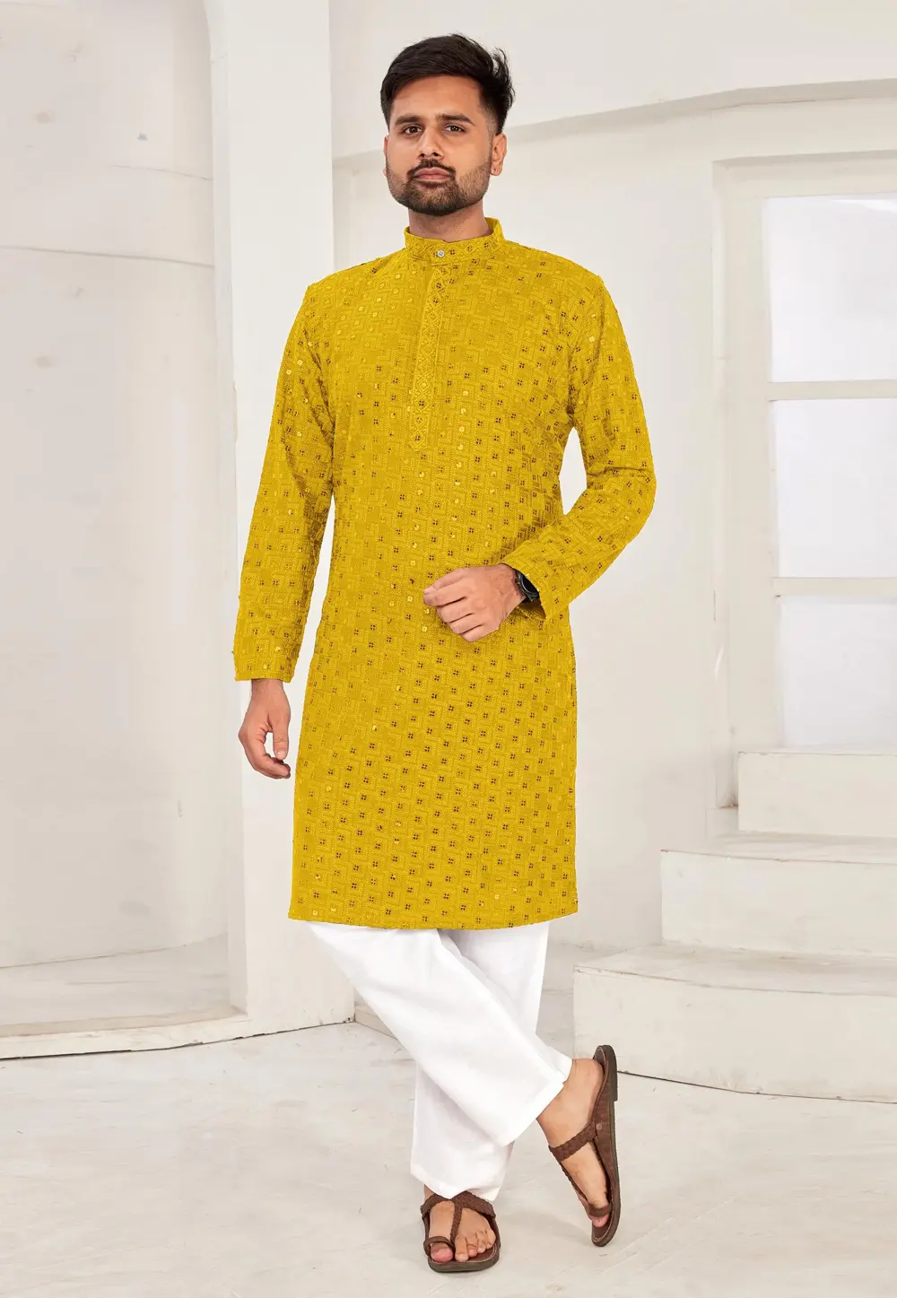 Mustard Rayon Kurta Pajama 298130