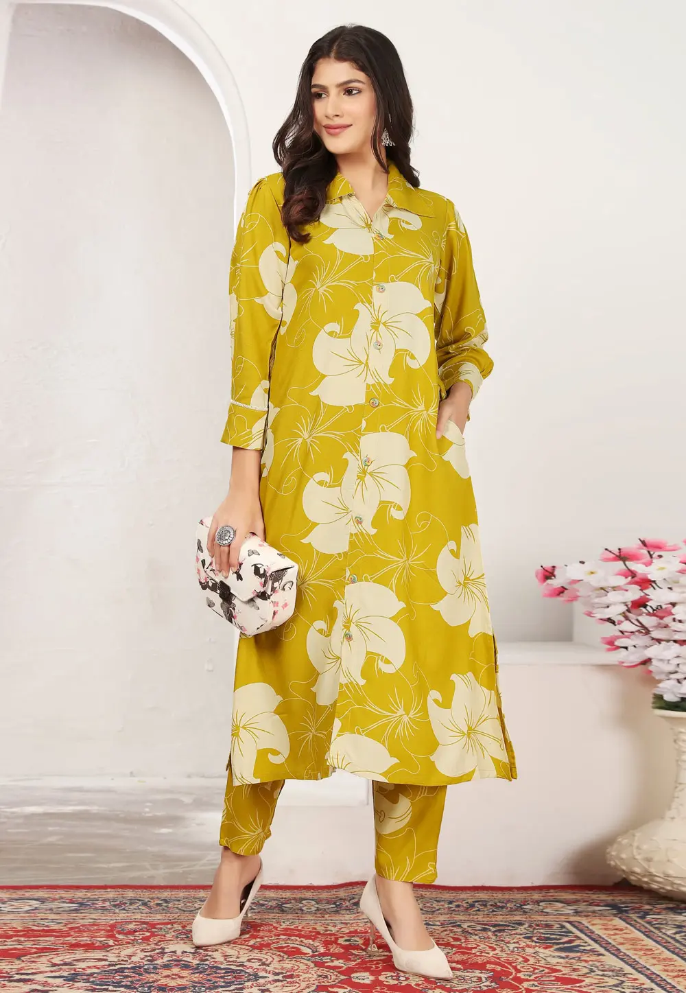 Mustard Rayon Kurta Set With Pent 304109