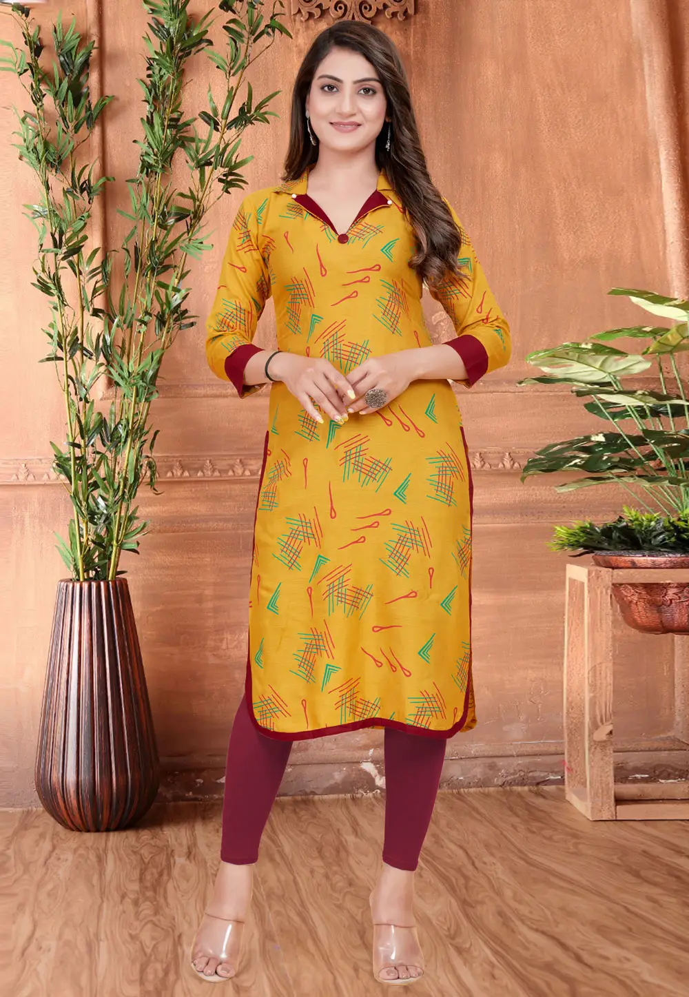 Mustard Rayon Printed Long Kurti 295827