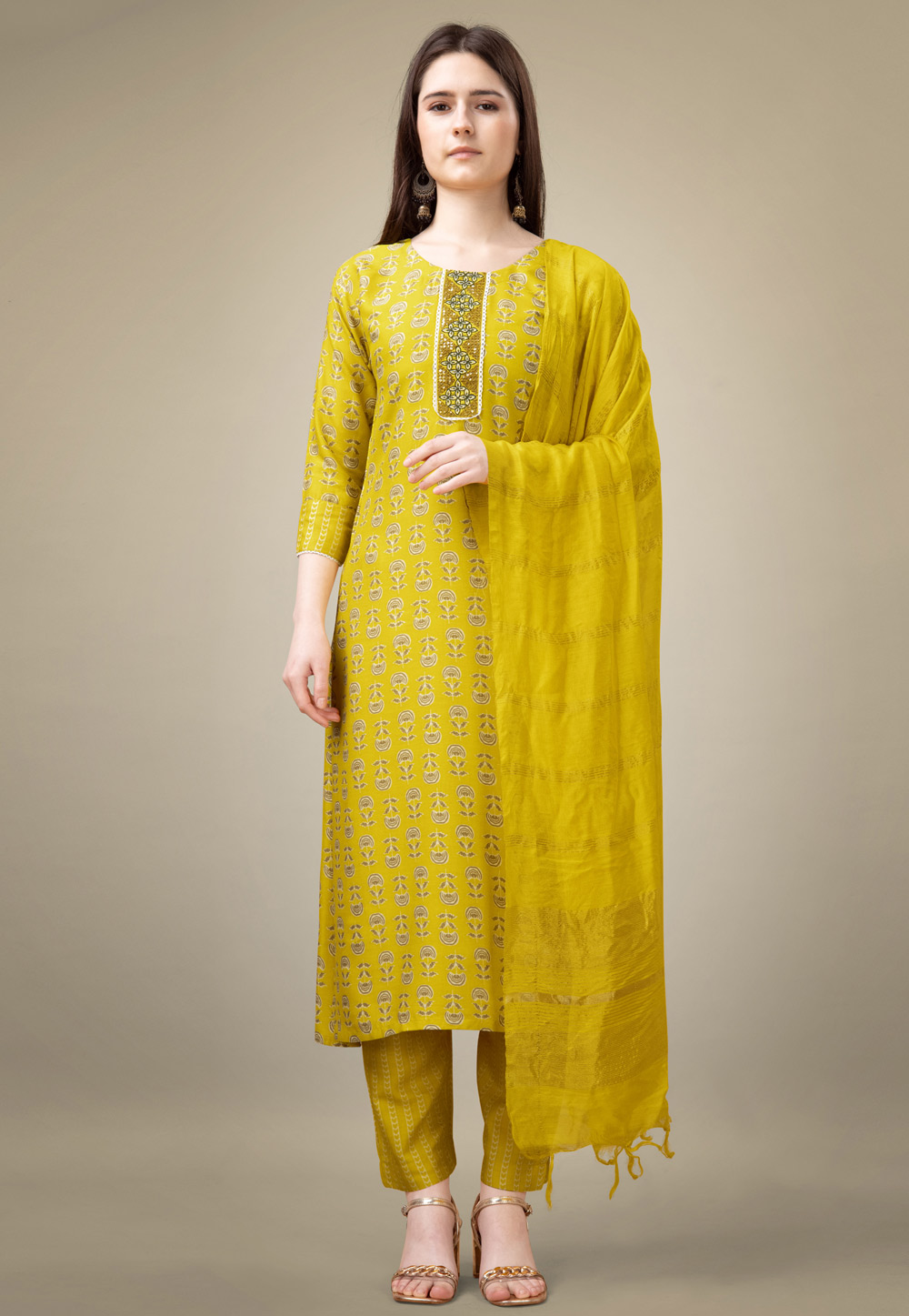 Mustard Rayon Readymade Pant Style Suit 282482