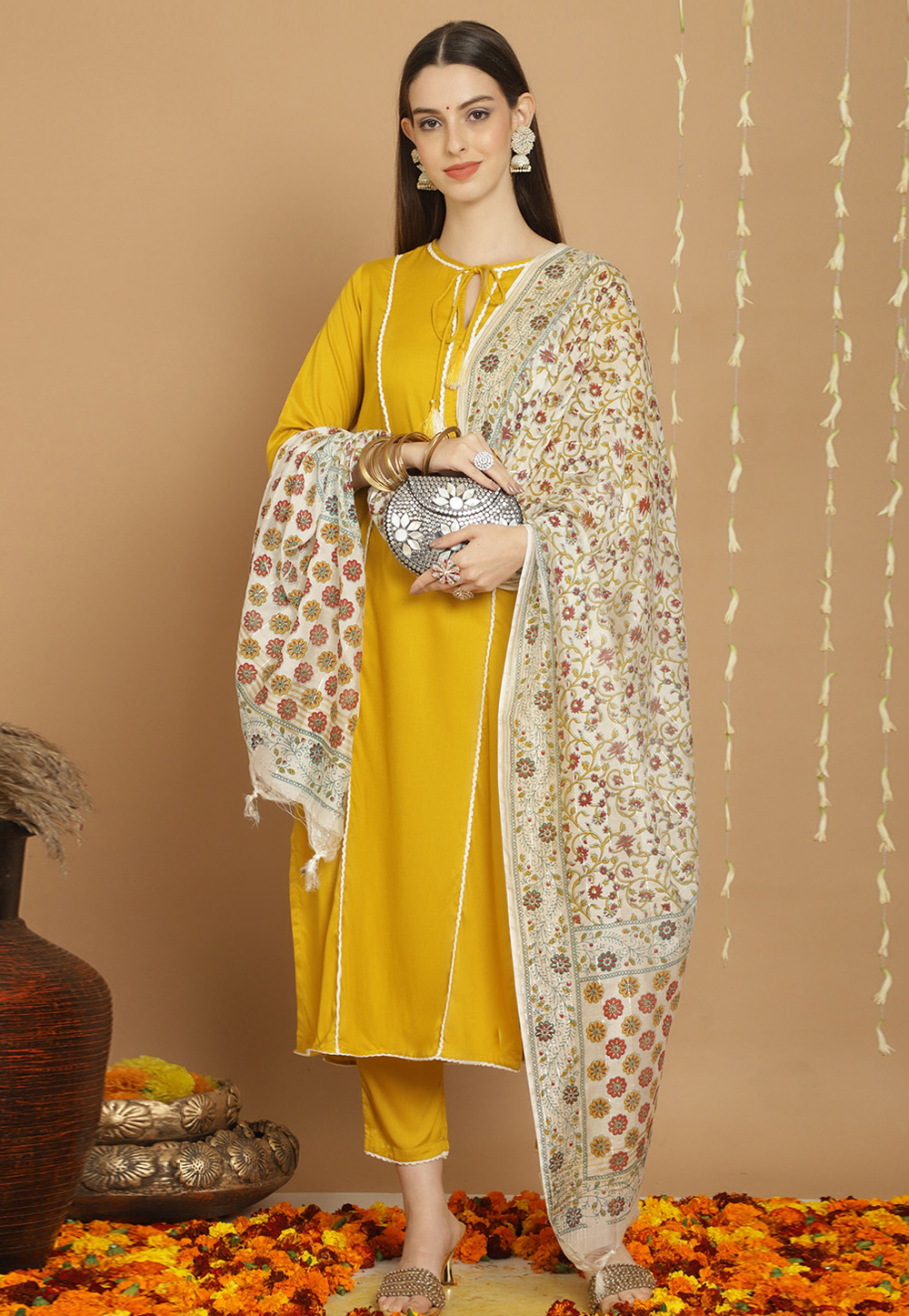 Mustard Rayon Readymade Pant Style Suit 279114