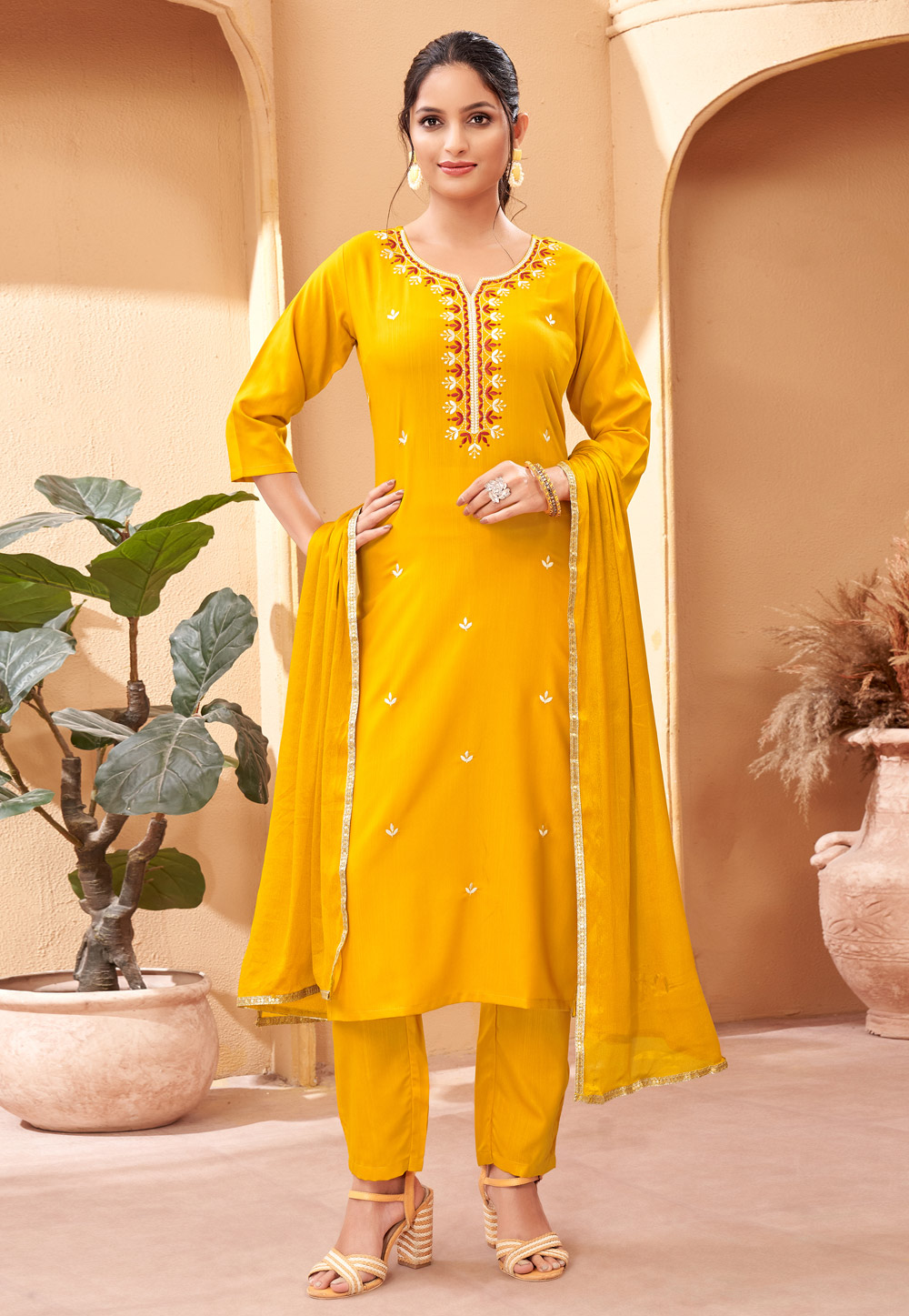 Mustard Rayon Readymade Pant Style Suit 283639