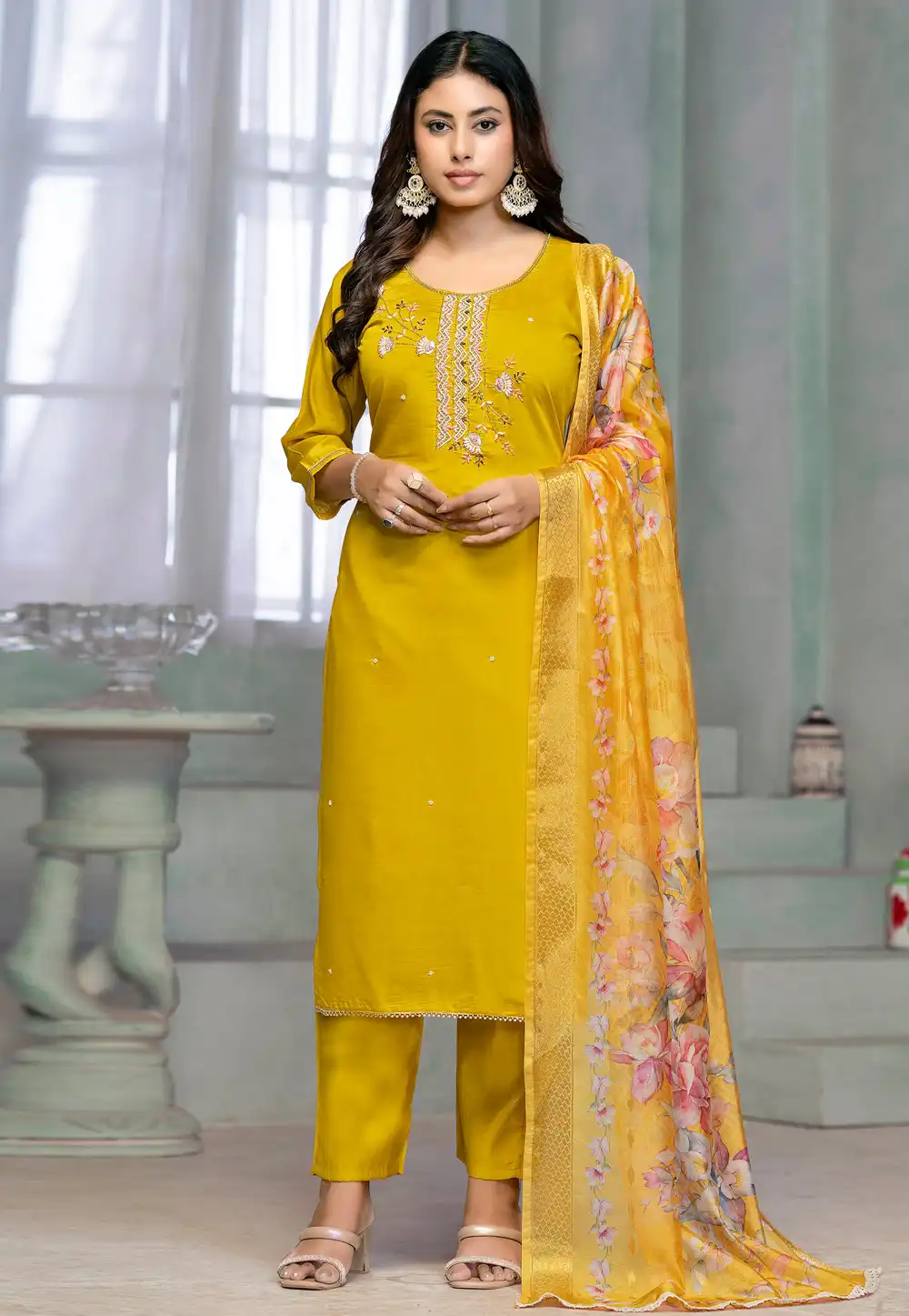 Mustard Rayon Readymade Pant Style Suit 290787