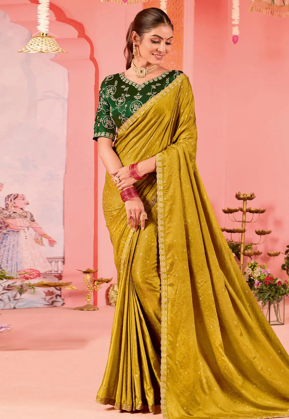 Mustard Satin Jacquard Saree With Blouse 302062