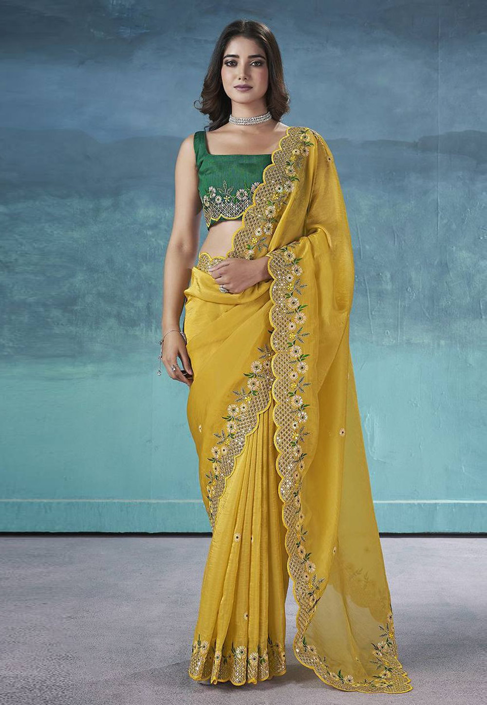 Mustard Satin Saree With Blouse 305217