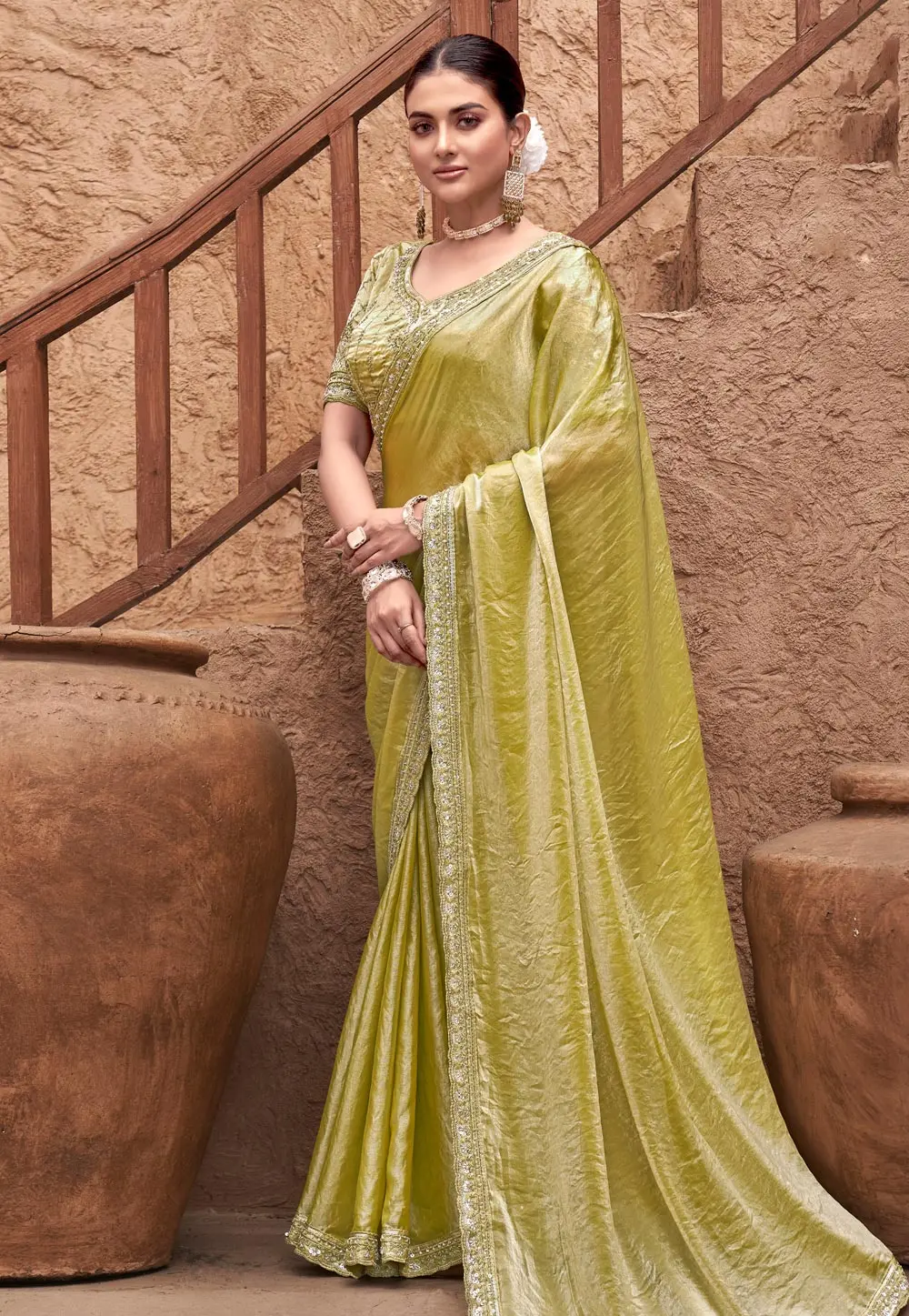 Mustard Satin Silk Saree With Blouse 303950