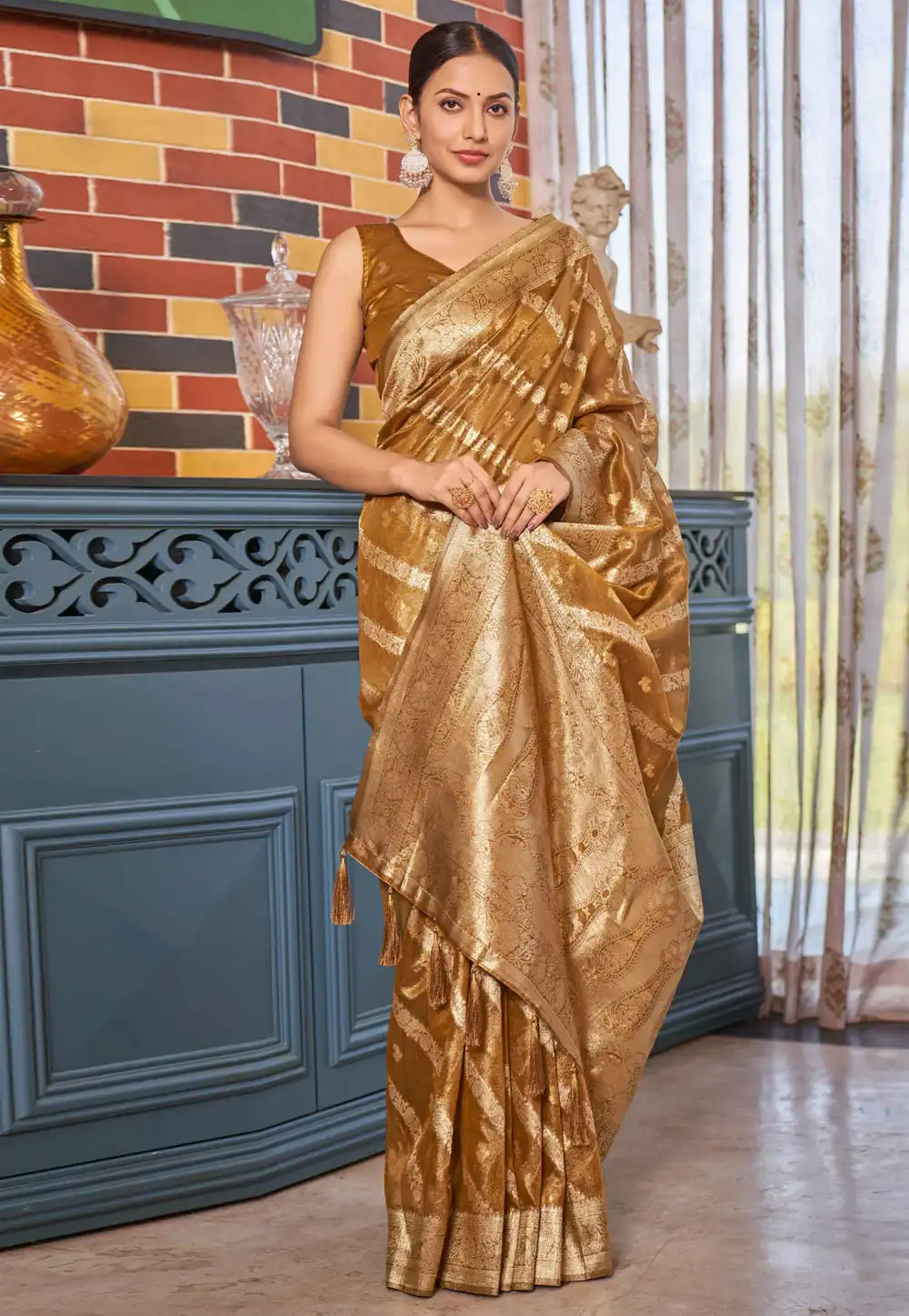 Mustard Shimmer Saree With Blouse 290360