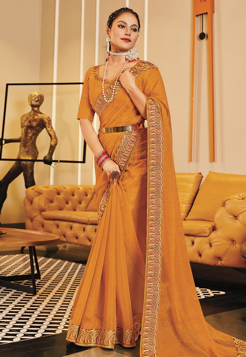 Mustard Shimmer Saree With Blouse 279567