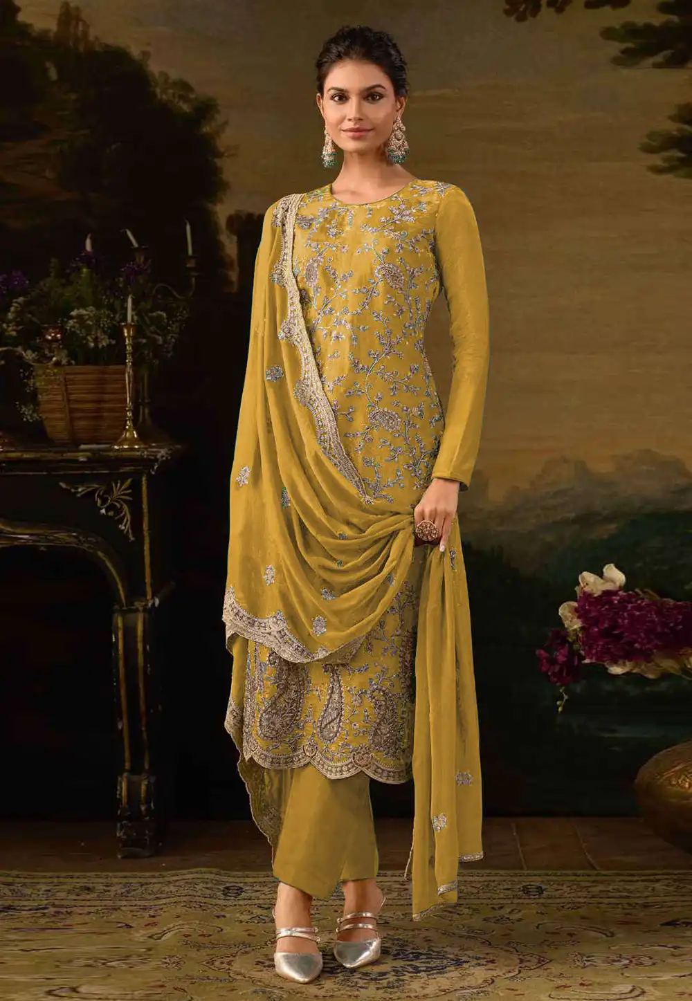 Mustard Silk Embroidered Pant Style Suit 294424