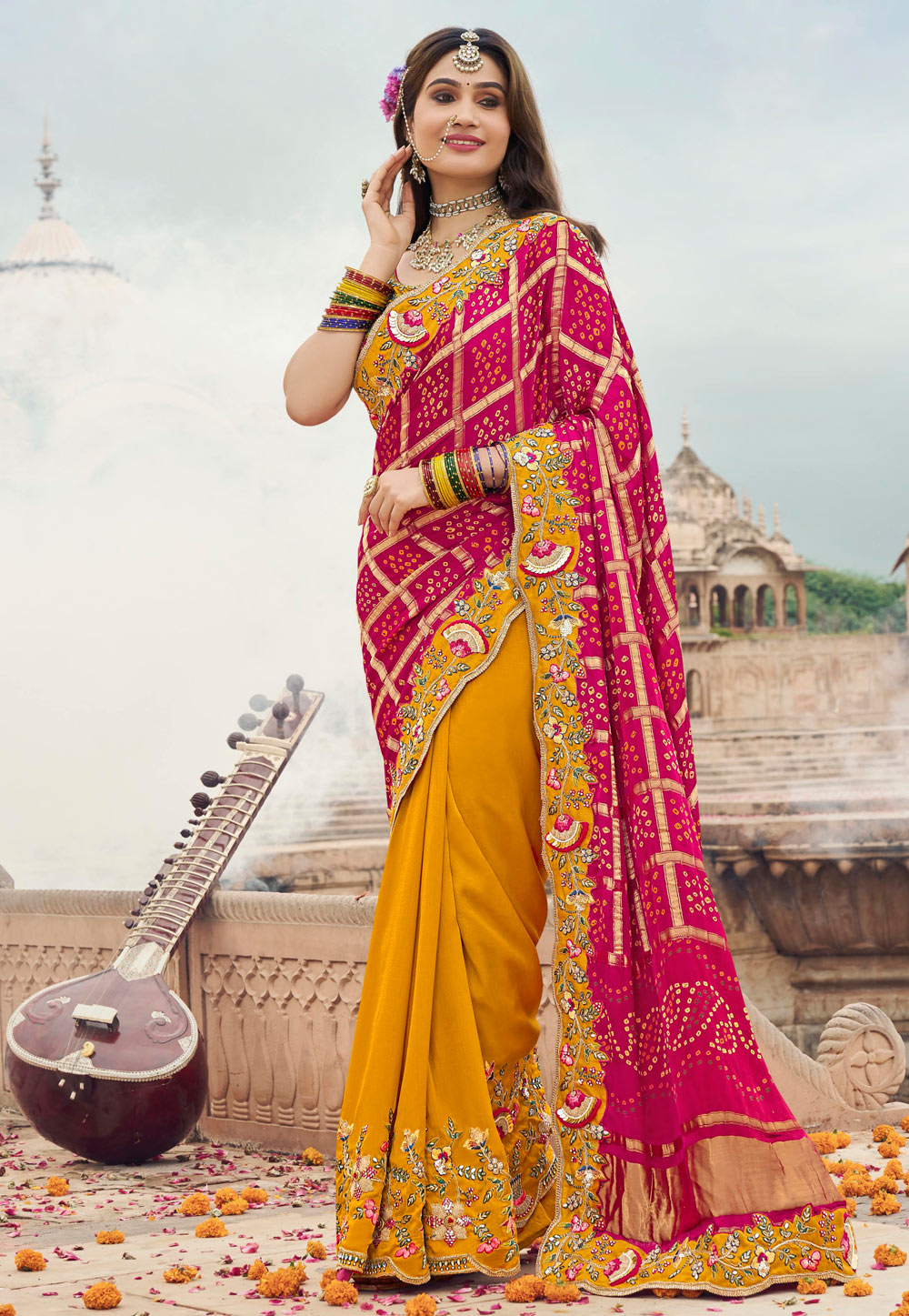 Mustard Silk Half N Half Saree 305842