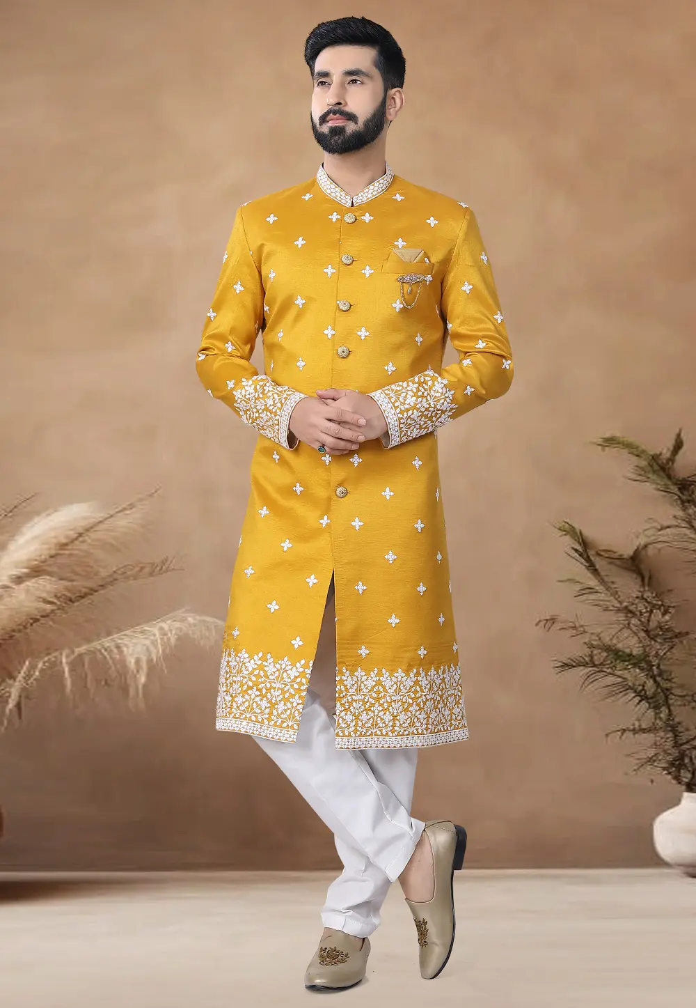 Mustard Silk Indo Western Suit 298588