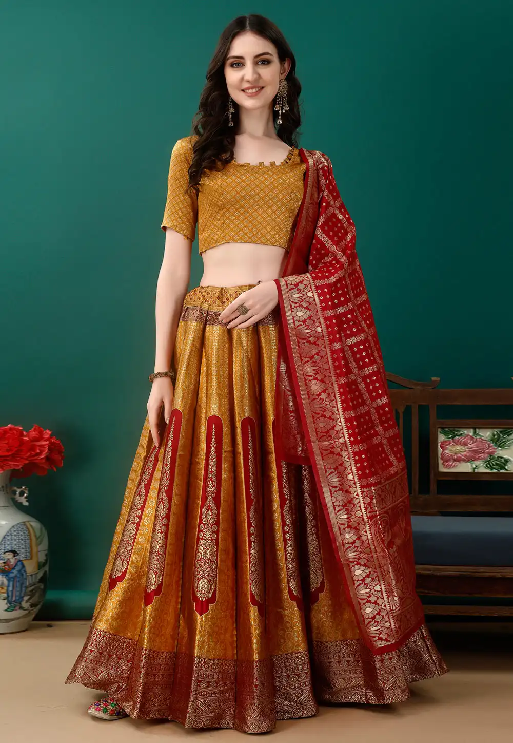 Mustard Silk Jacquard Lehenga Choli 290476