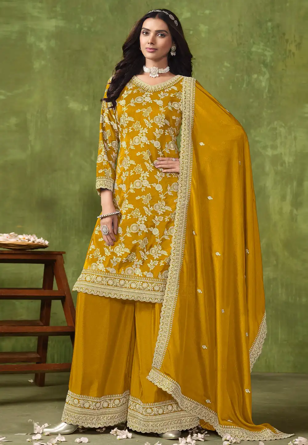 Mustard Silk Jacquard Palazzo Suit 291666