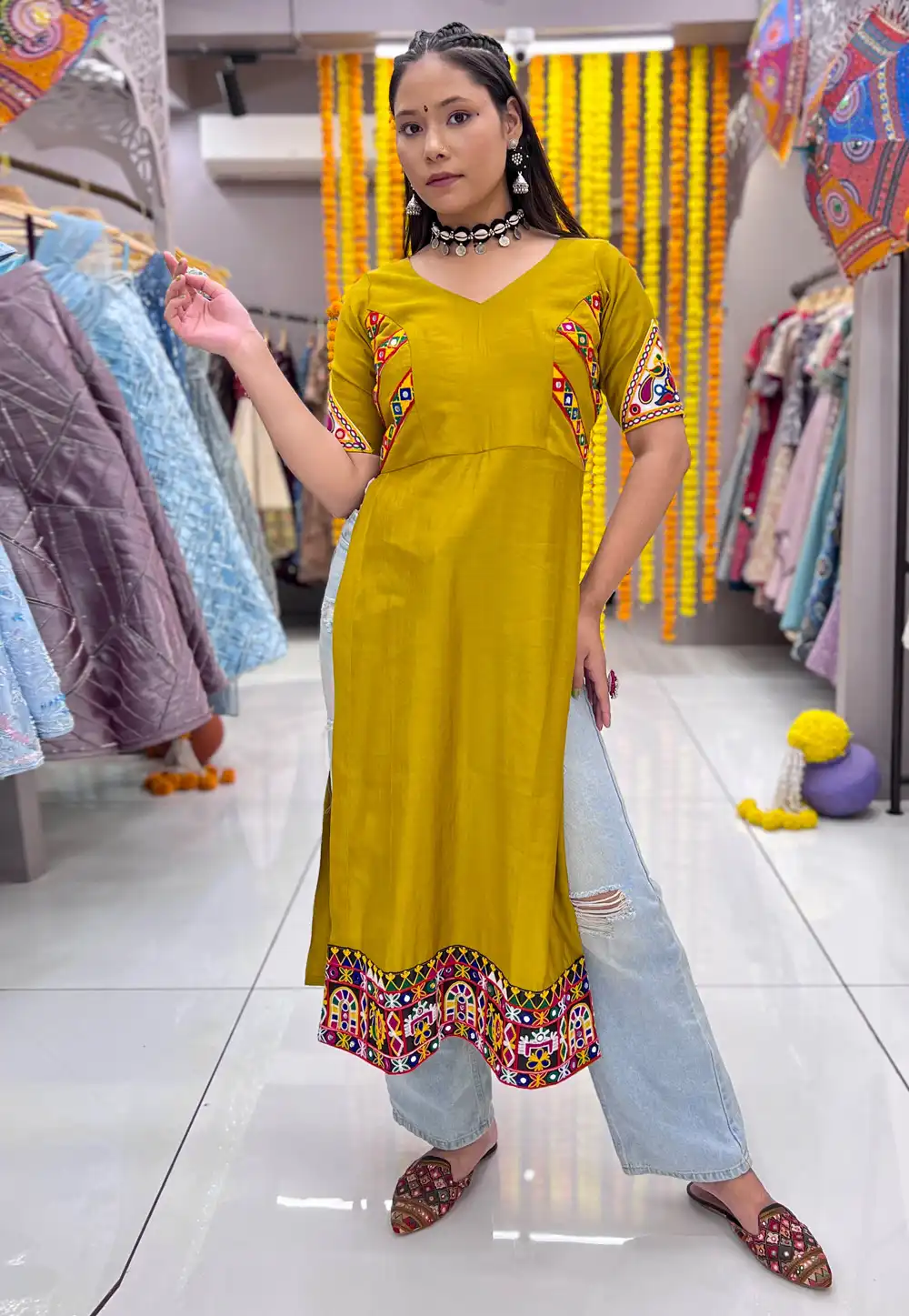 Mustard Silk Navratri Wear Kurti 293381