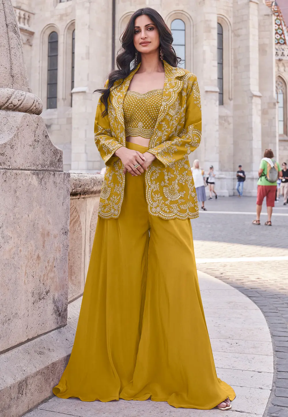 Mustard Silk Palazzo With Crop Top 303346