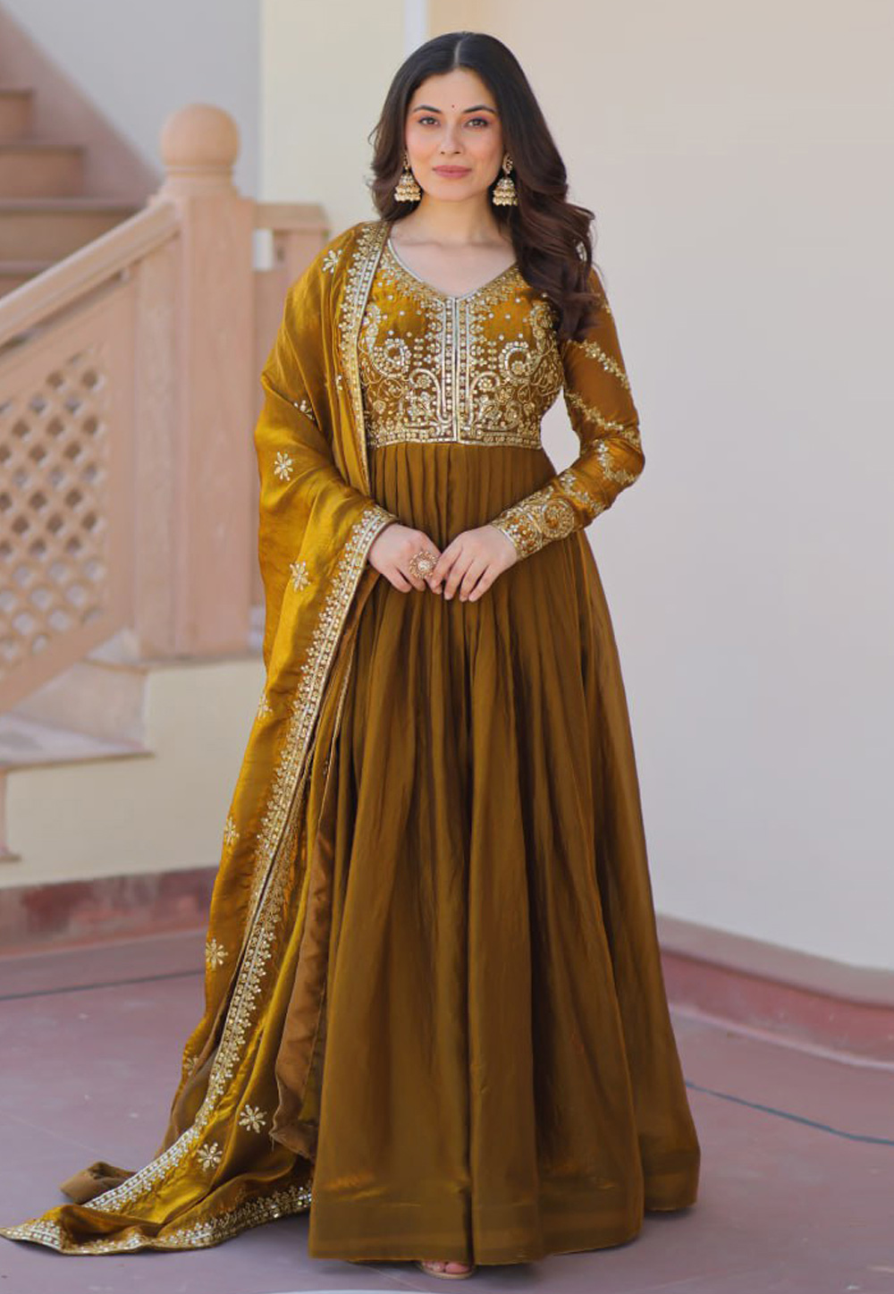 Mustard Silk Readymade Anarkali Suit 310373