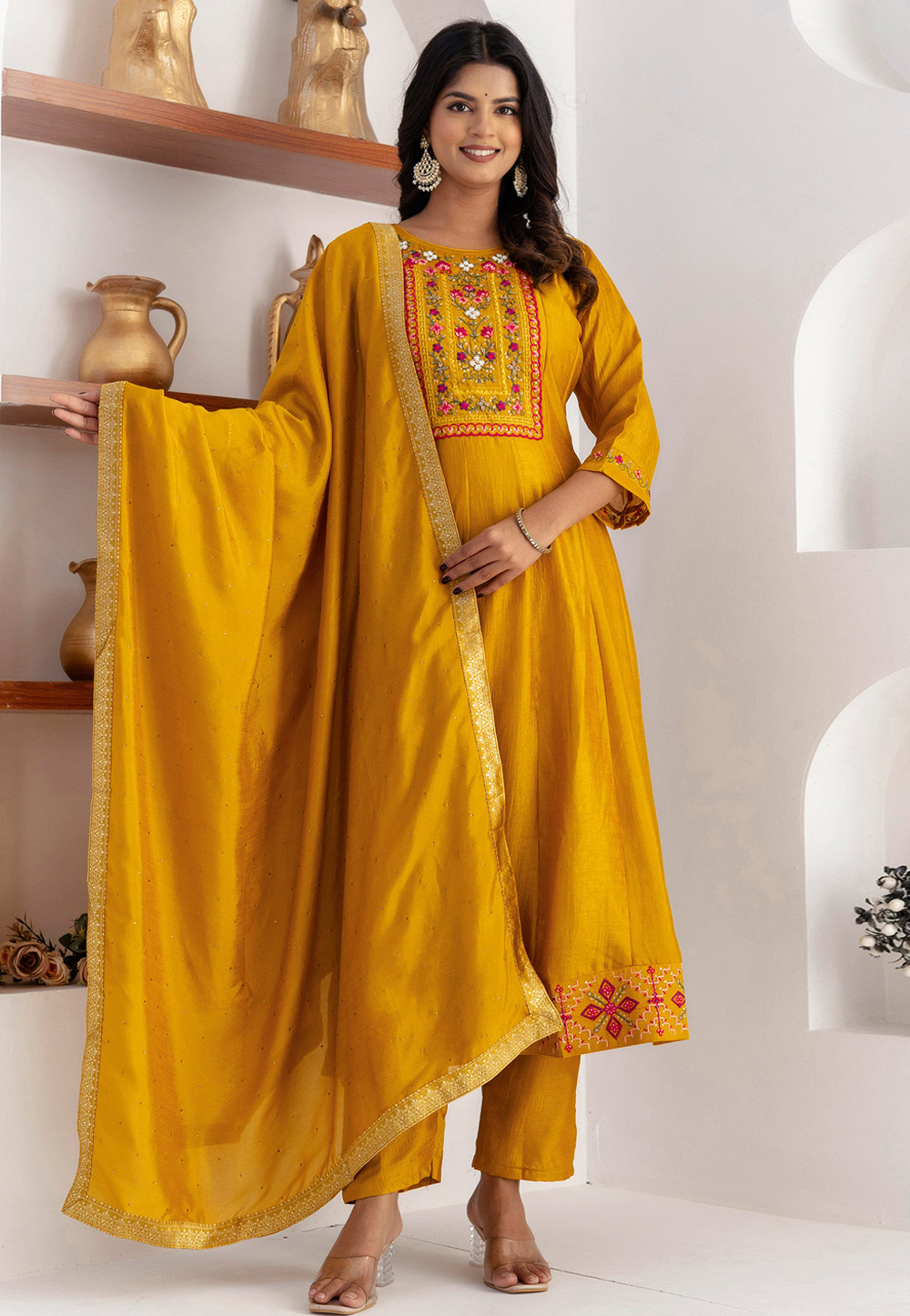Mustard Silk Readymade Anarkali Suit 309701