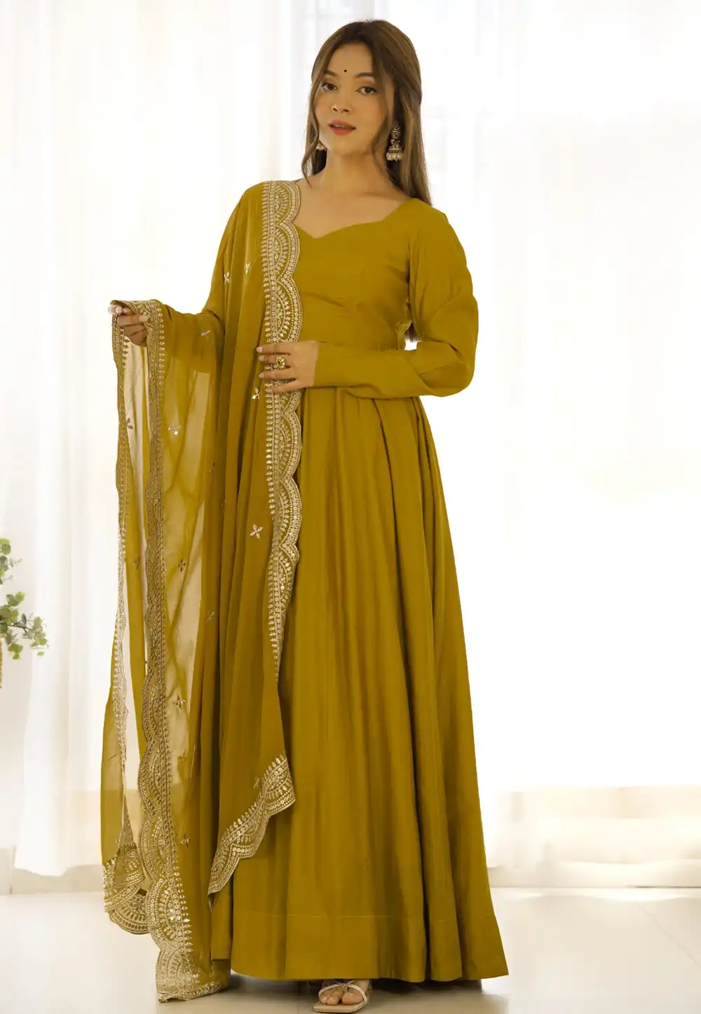 Mustard Silk Readymade Long Anarkali Suit 291681