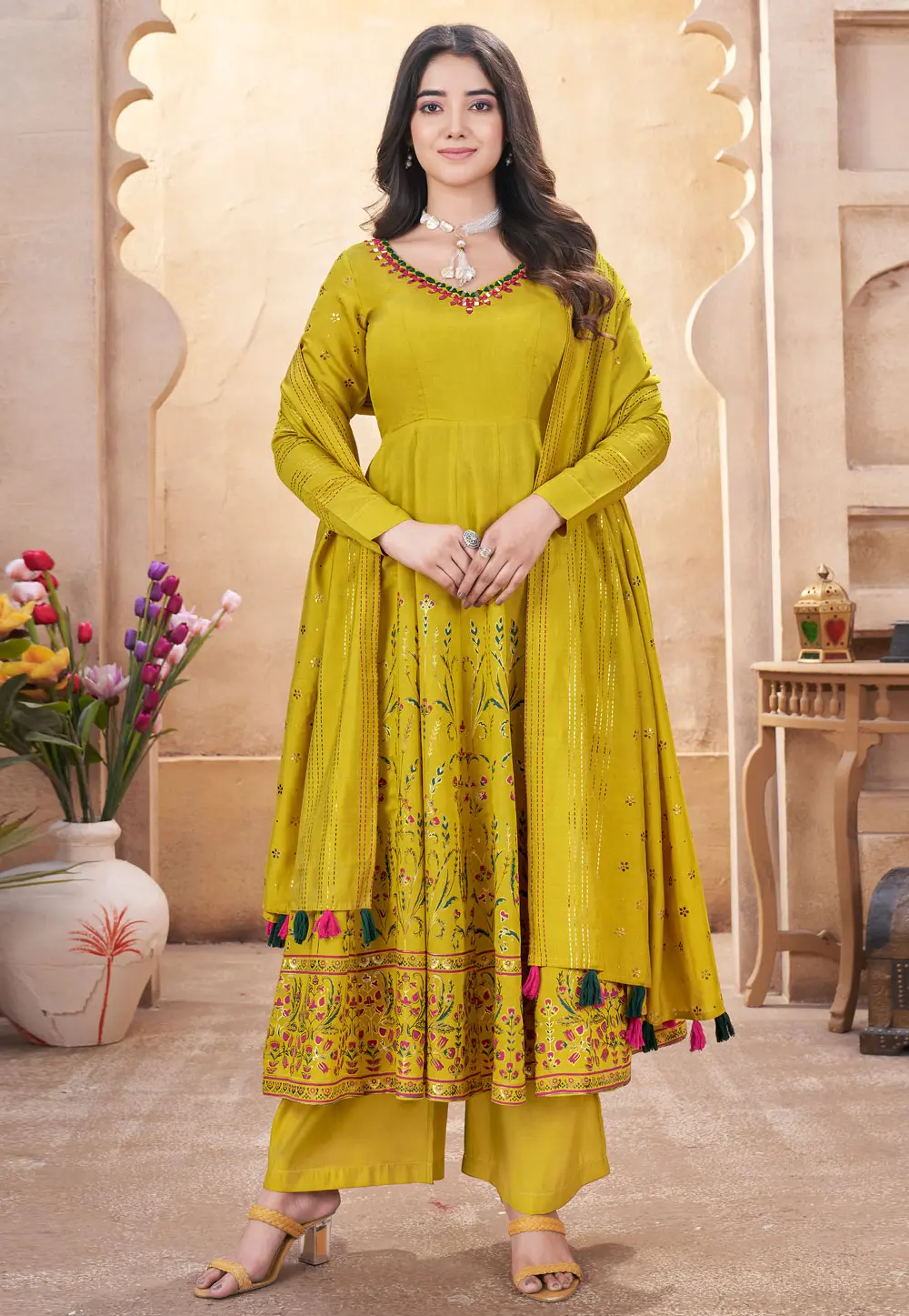 Mustard Silk Readymade Palazzo Suit 304794