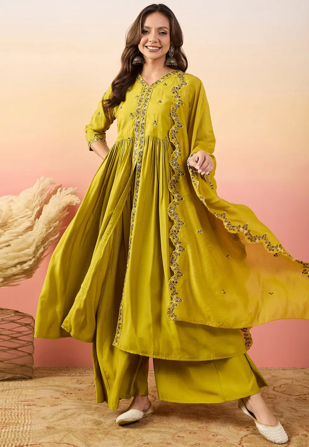 Mustard Silk Readymade Palazzo Suit 296552