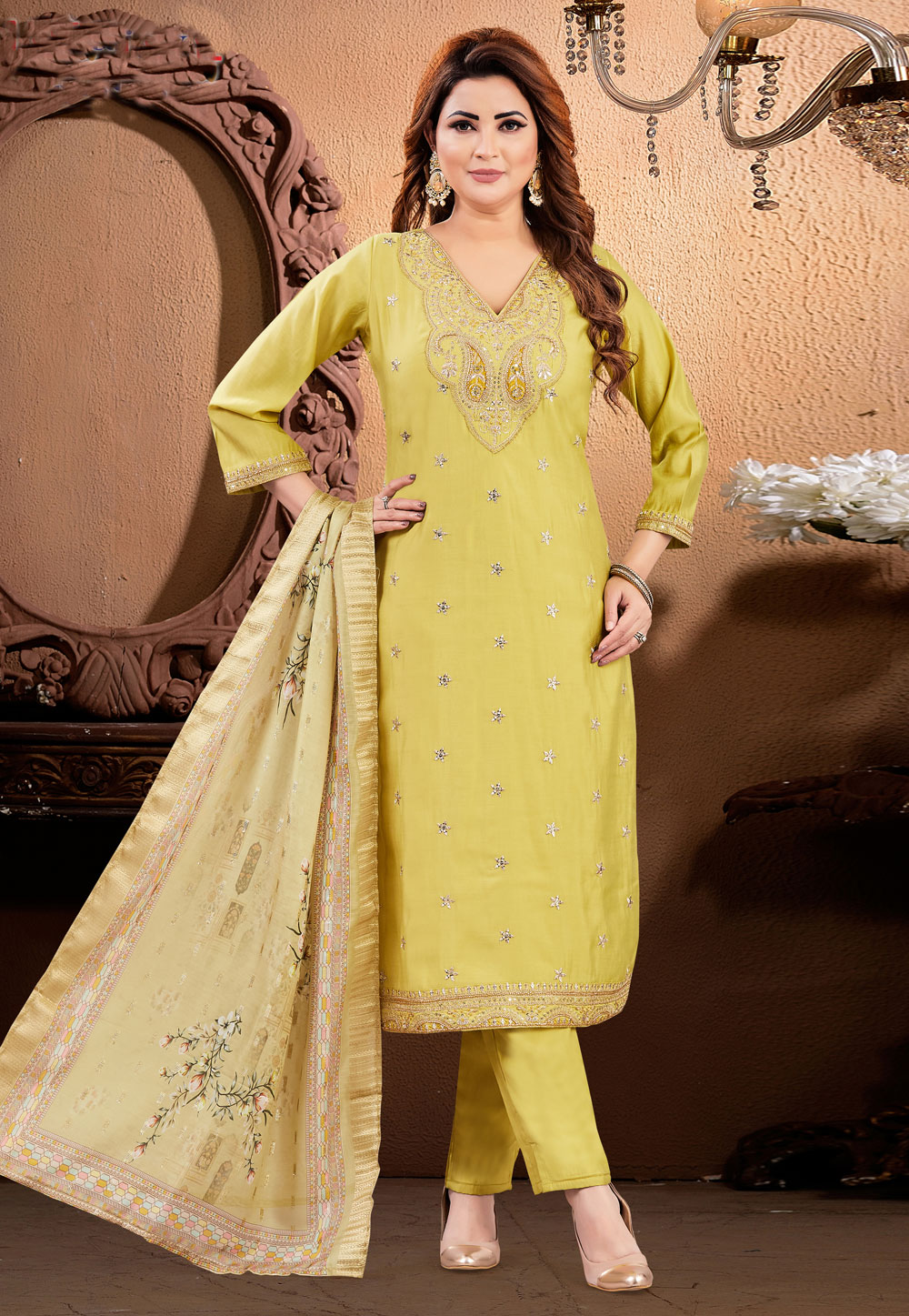 Mustard Silk Readymade Pant Style Suit 305863