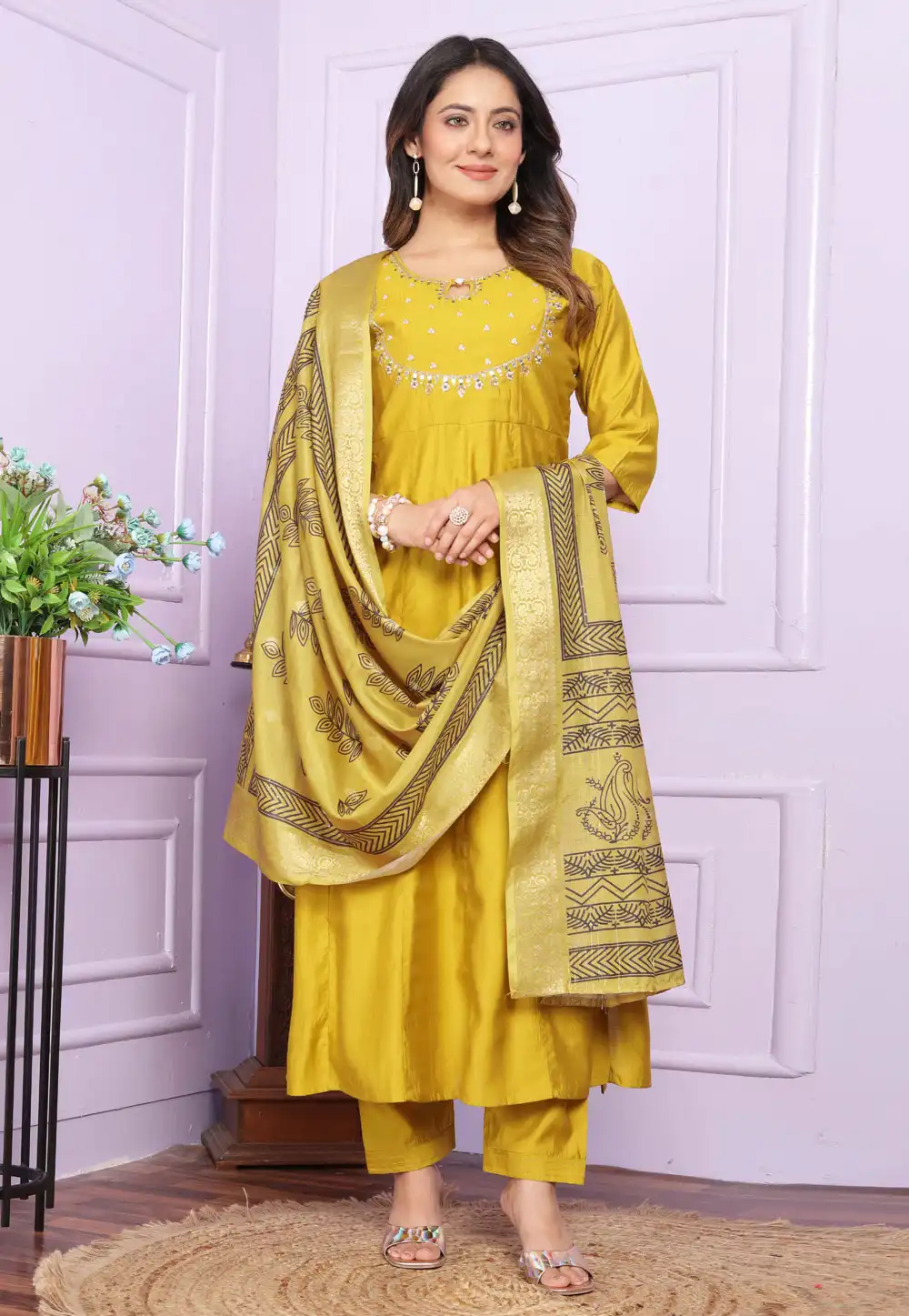 Mustard Silk Readymade Pant Style Suit 289152