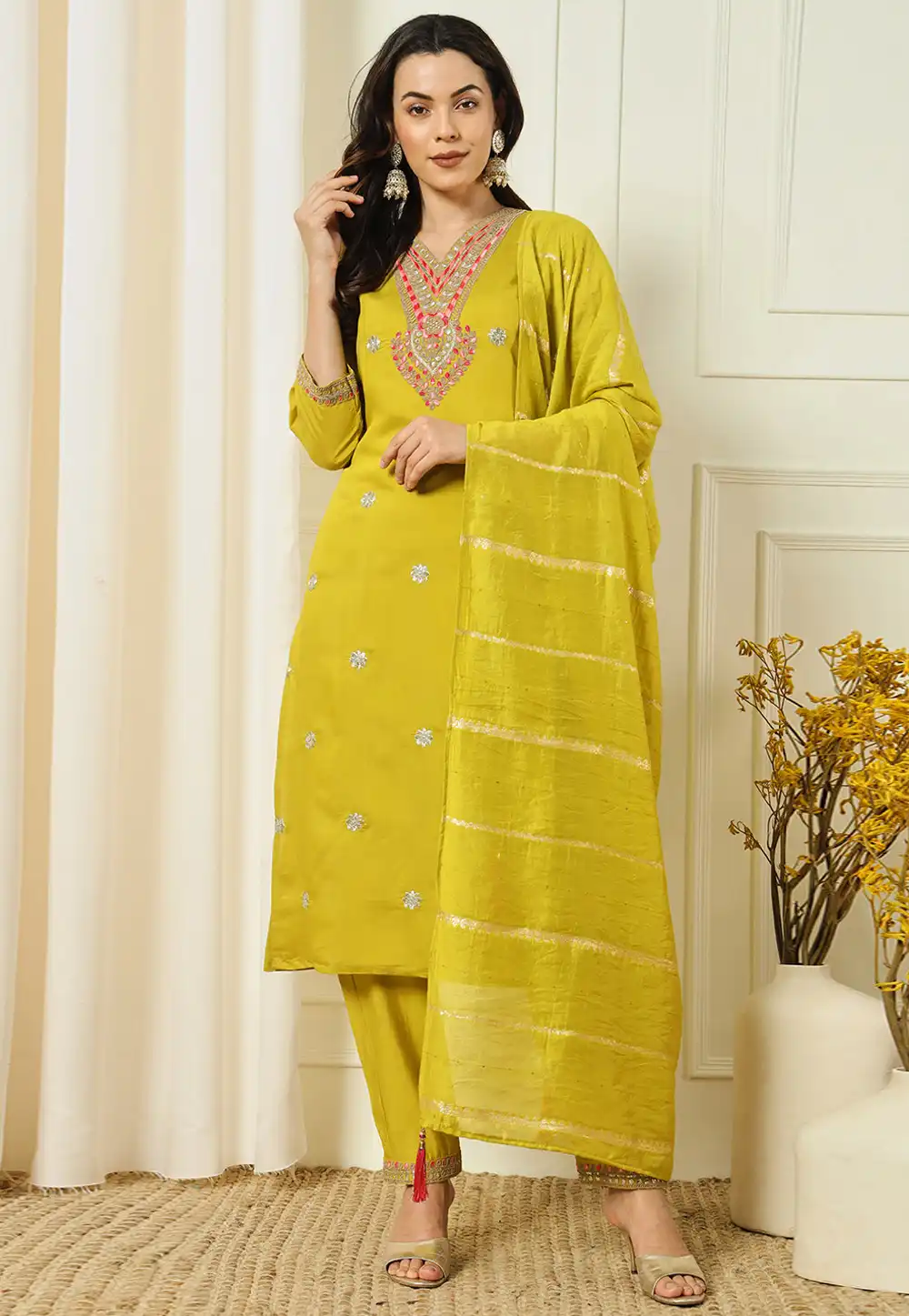 Mustard Silk Readymade Pant Style Suit 290554