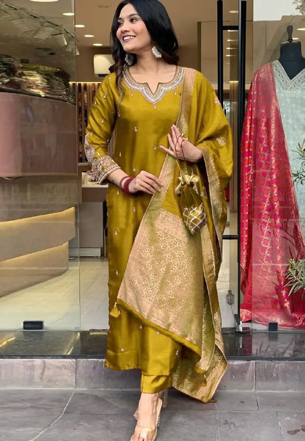 Mustard Silk Readymade Pant Style Suit 304402