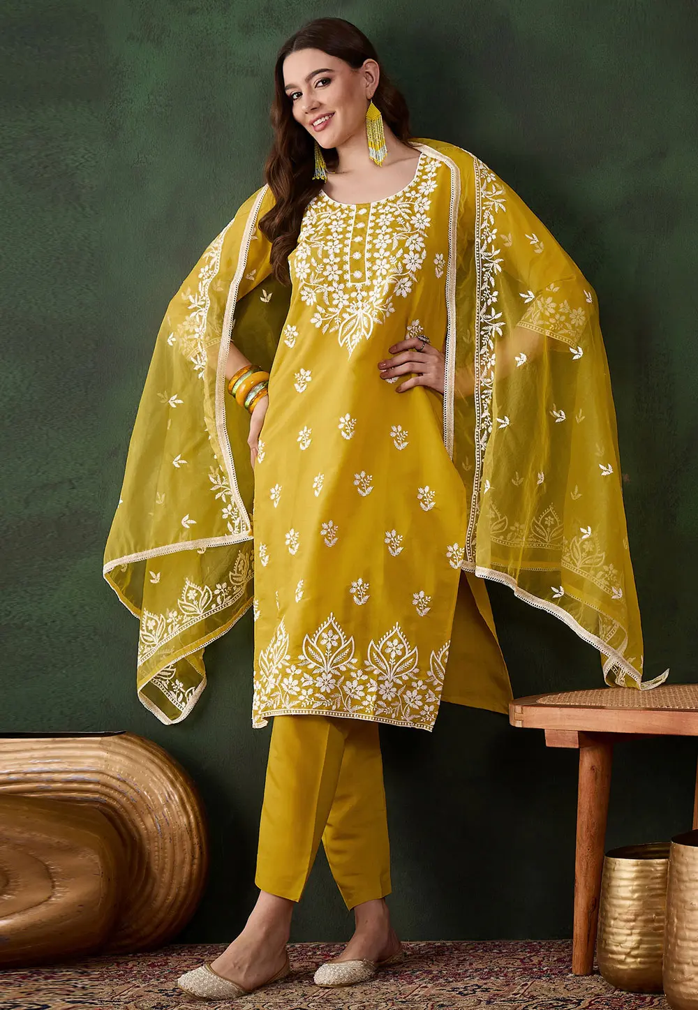 Mustard Silk Readymade Pant Style Suit 299698