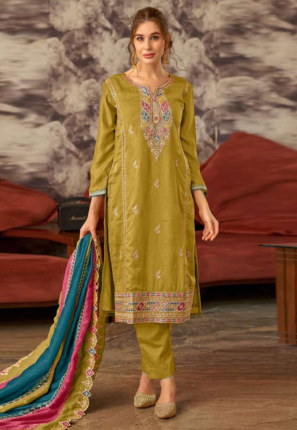 Mustard Silk Straight Suit 286658