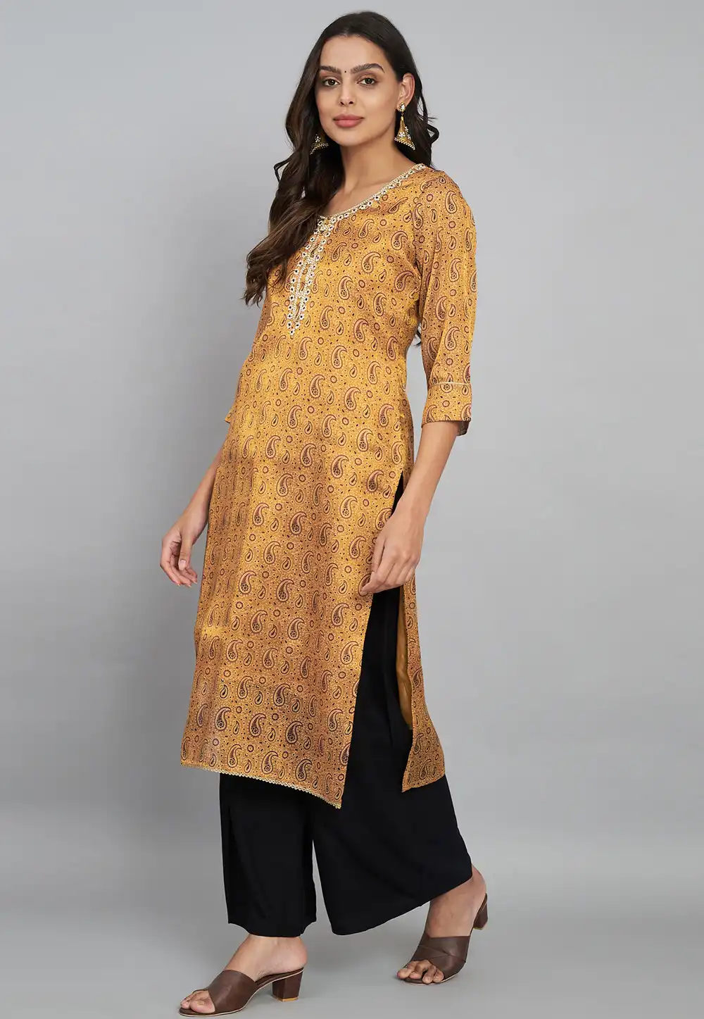 Mustard Tissue Silk Printed Long Kurti 290536