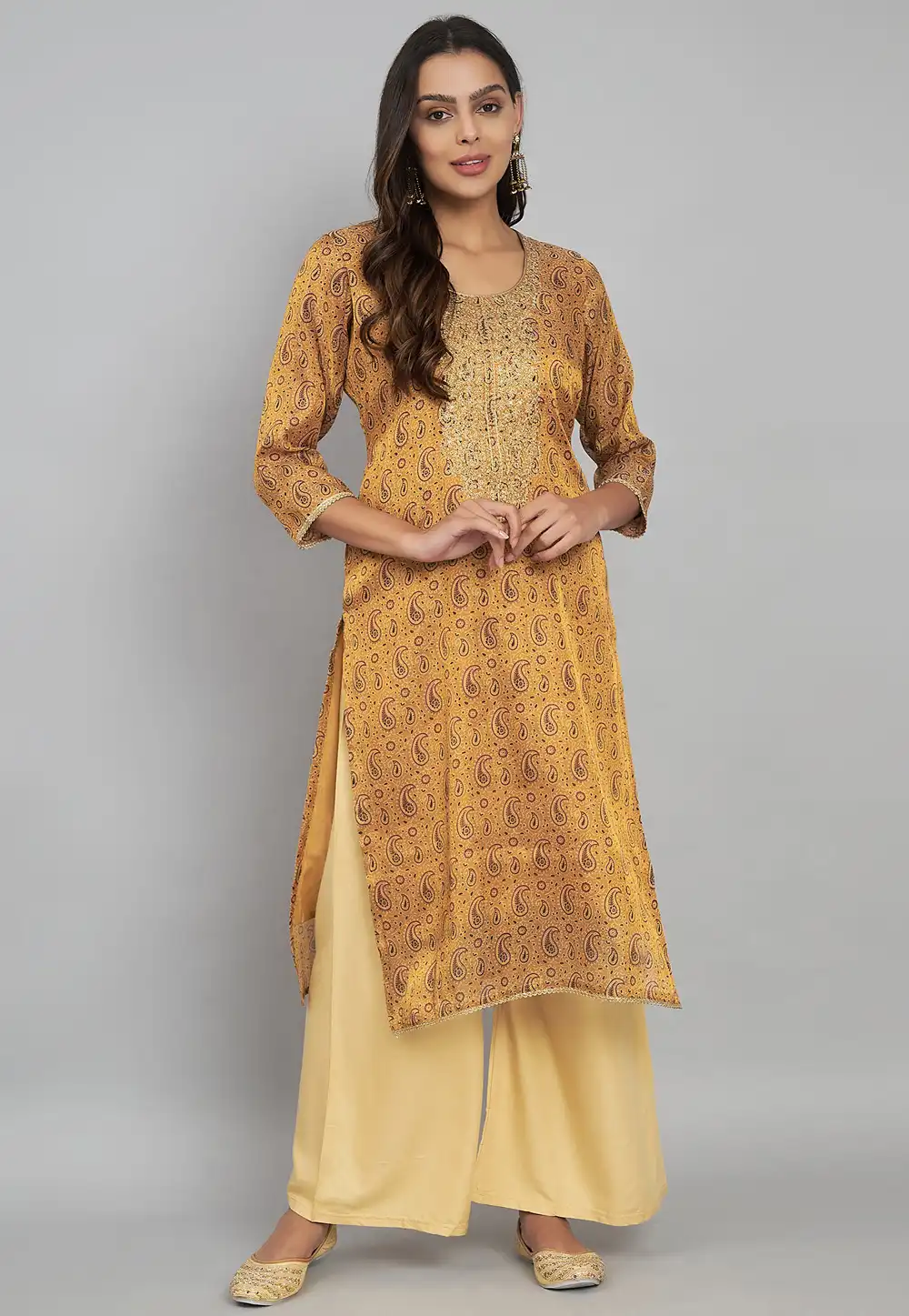 Mustard Tissue Silk Printed Long Tunic 290541