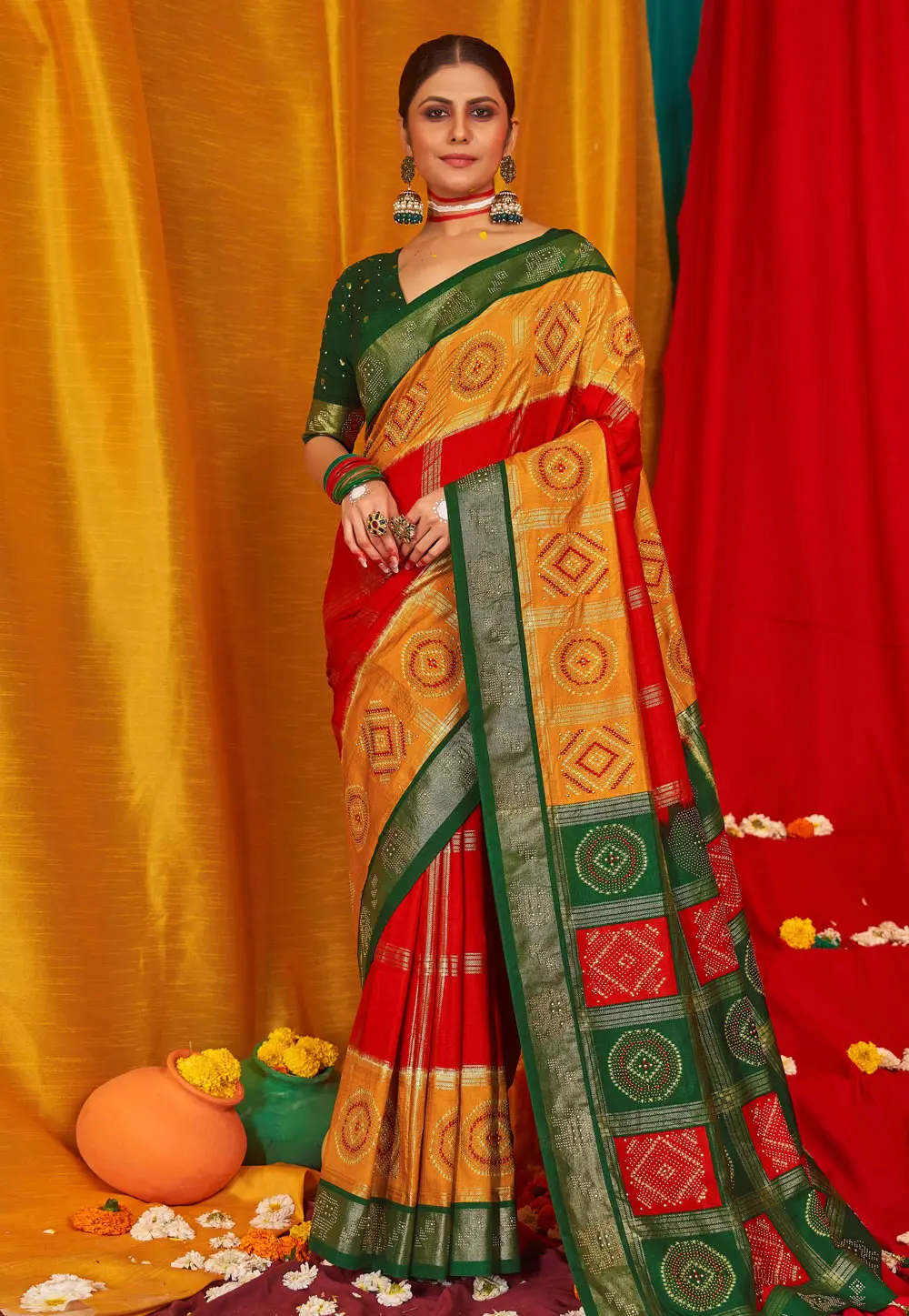 Mustard Tussar Silk Half N Half Saree 296091