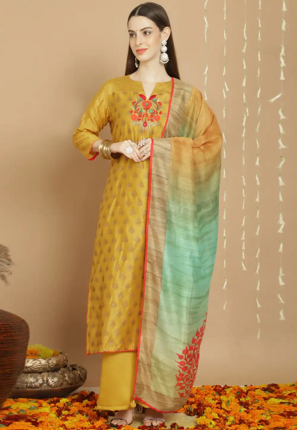 Mustard Tussar Silk Pakistani Suit 288005